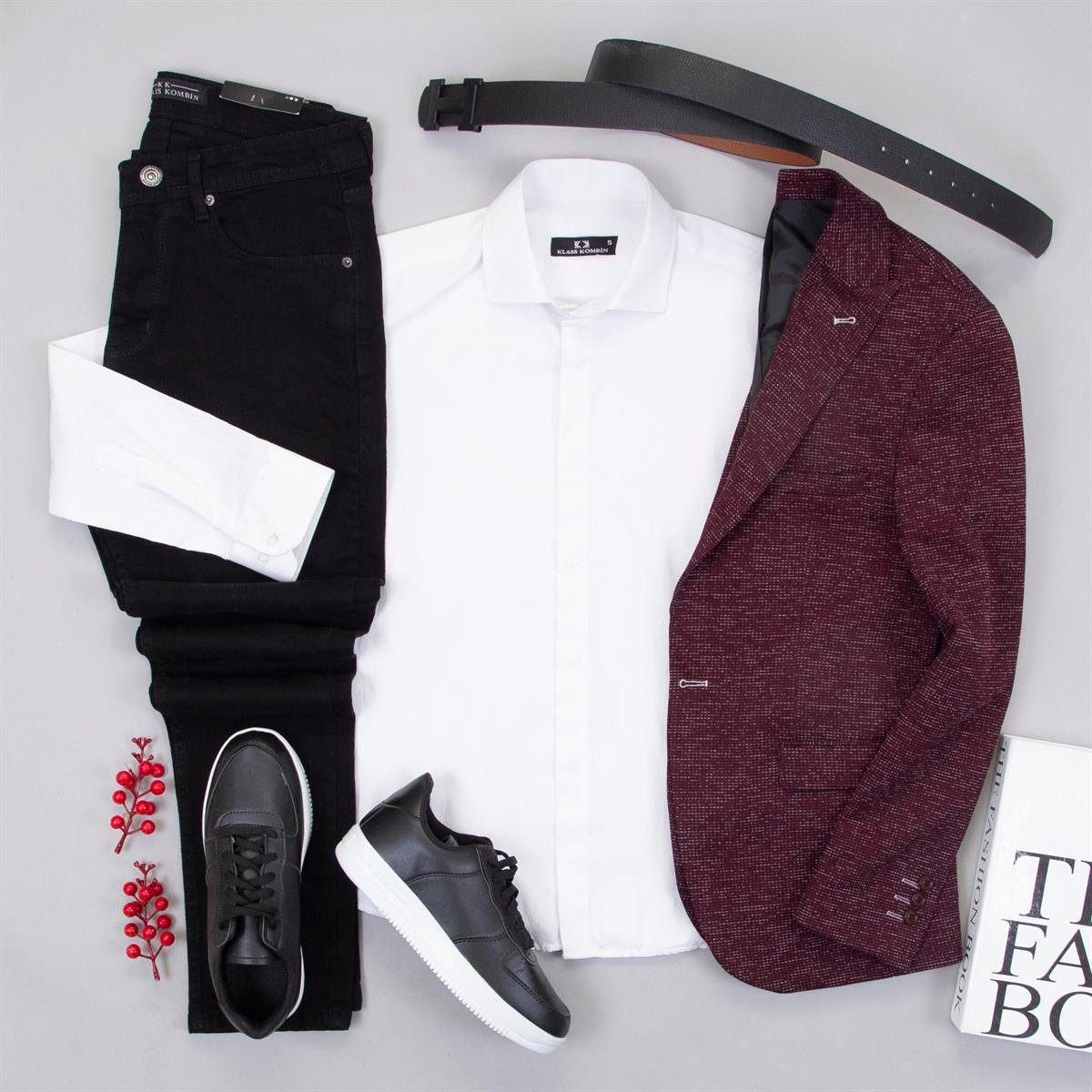 Bordo Kırçıllı Blazer Ceket Gömlek Pantolon Ayakkabı Kombin