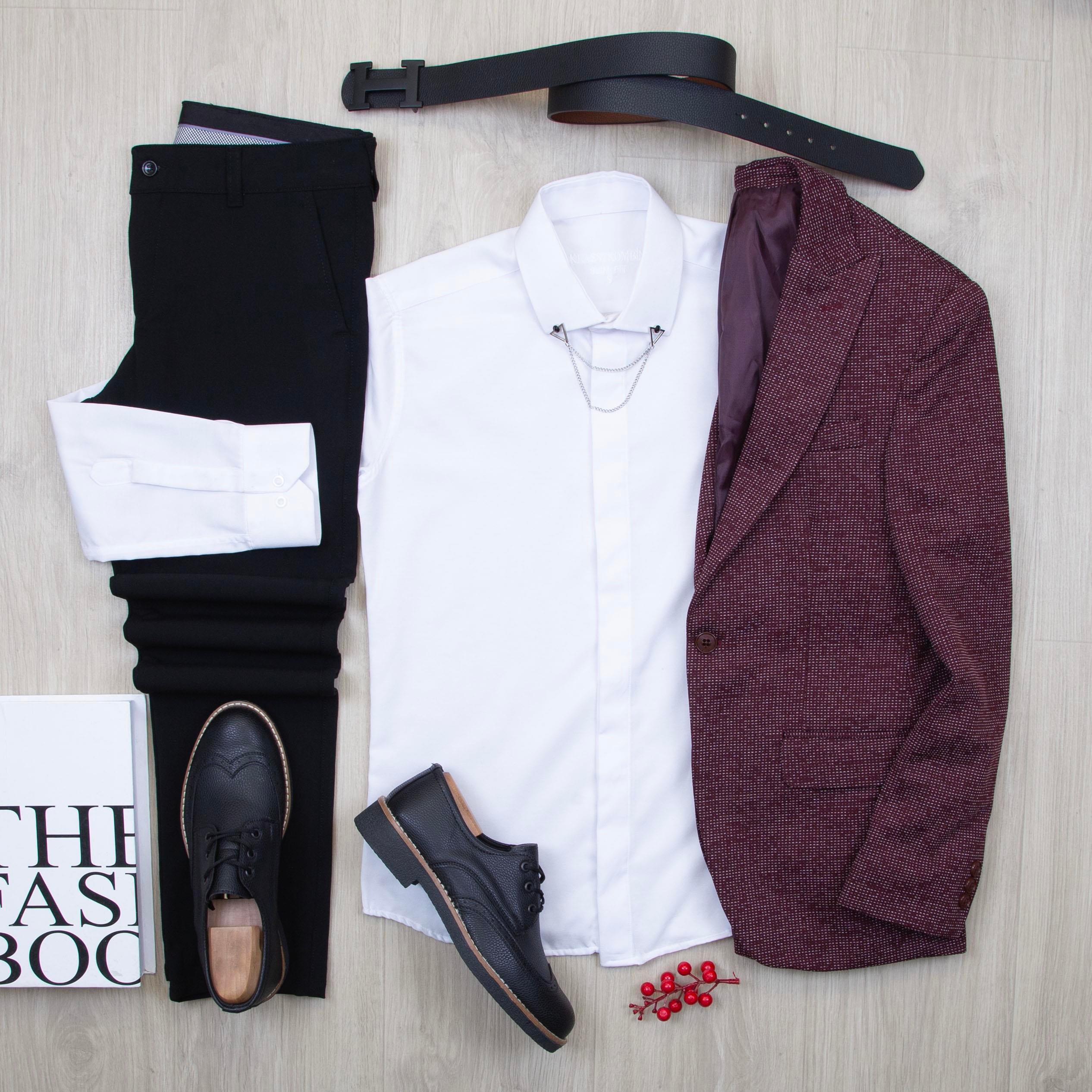 Bordo Kırçıllı Blazer Ceket Gömlek Pantolon Ayakkabı Kombin