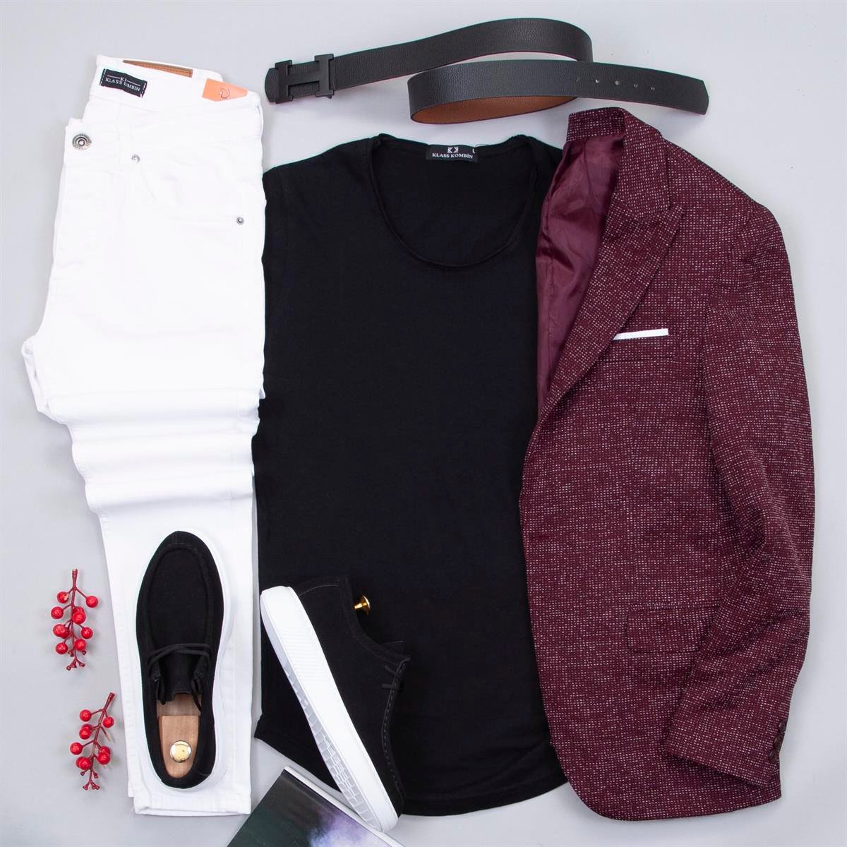 Bordo Kırçıllı Blazer Ceket Gömlek Pantolon Ayakkabı Kombin