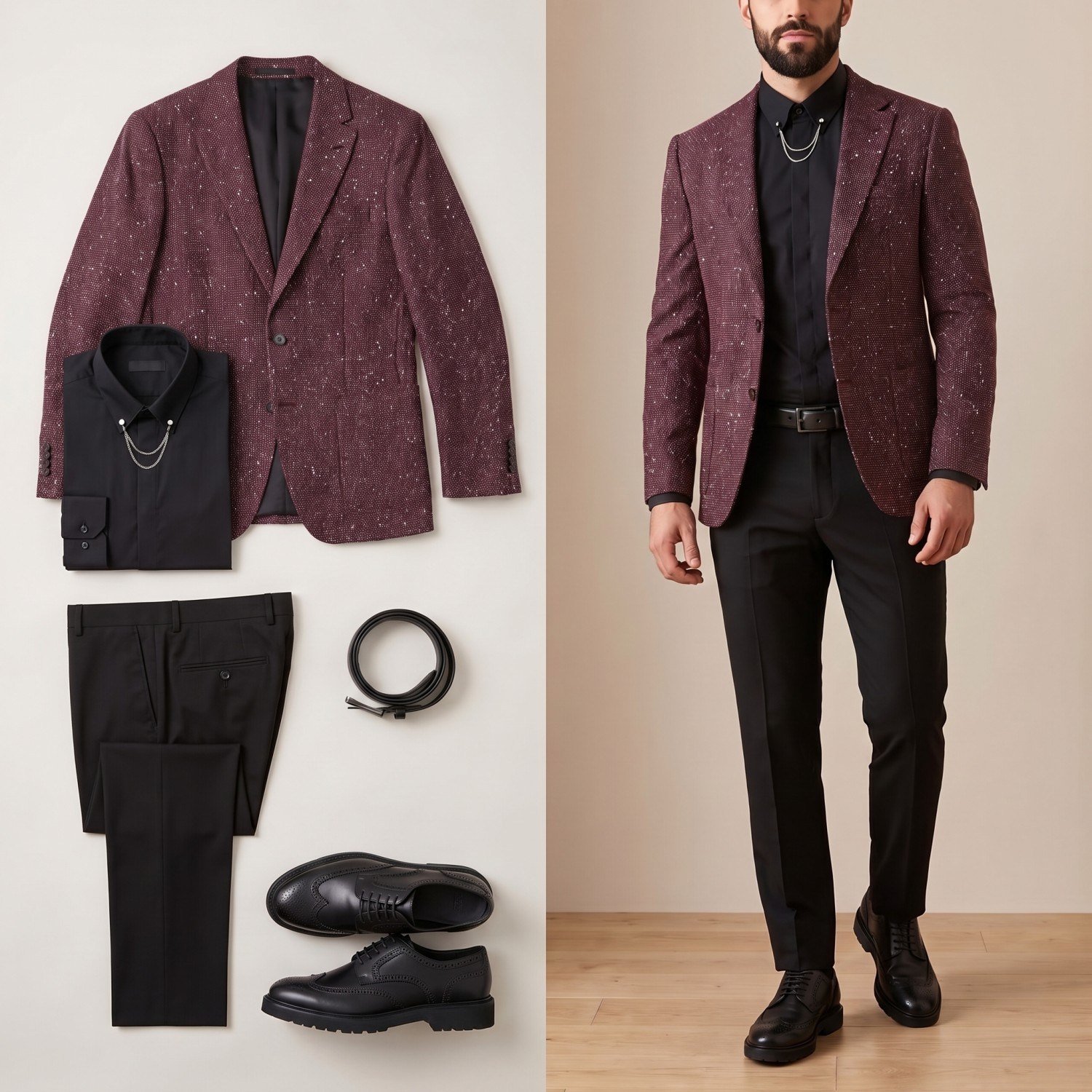 Bordo Kırçıllı Blazer Ceket Kombini Erkek | Slim Fit Şık Komple Set 