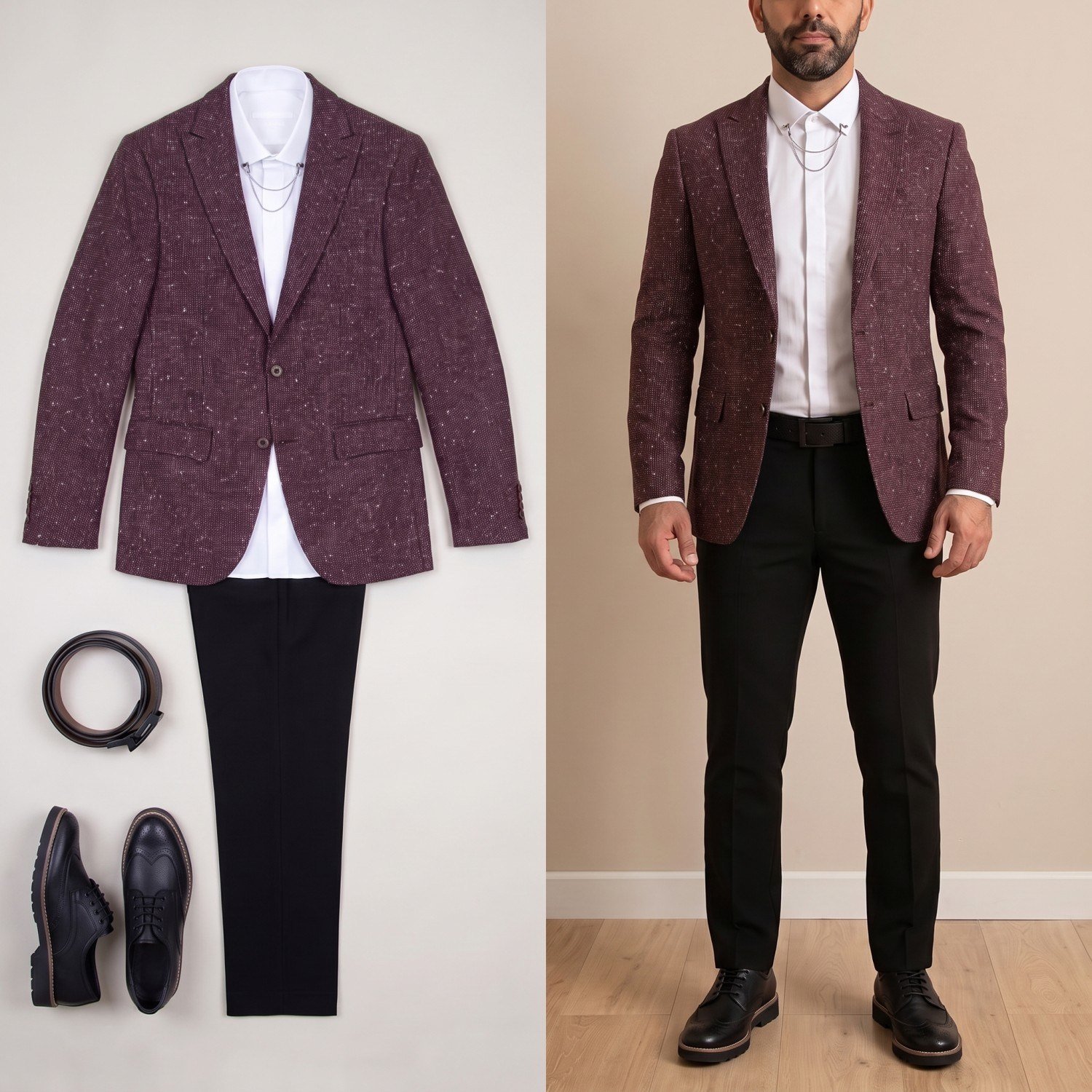 Bordo Kırçıllı Blazer Ceket Gömlek Pantolon Ayakkabı Kombin