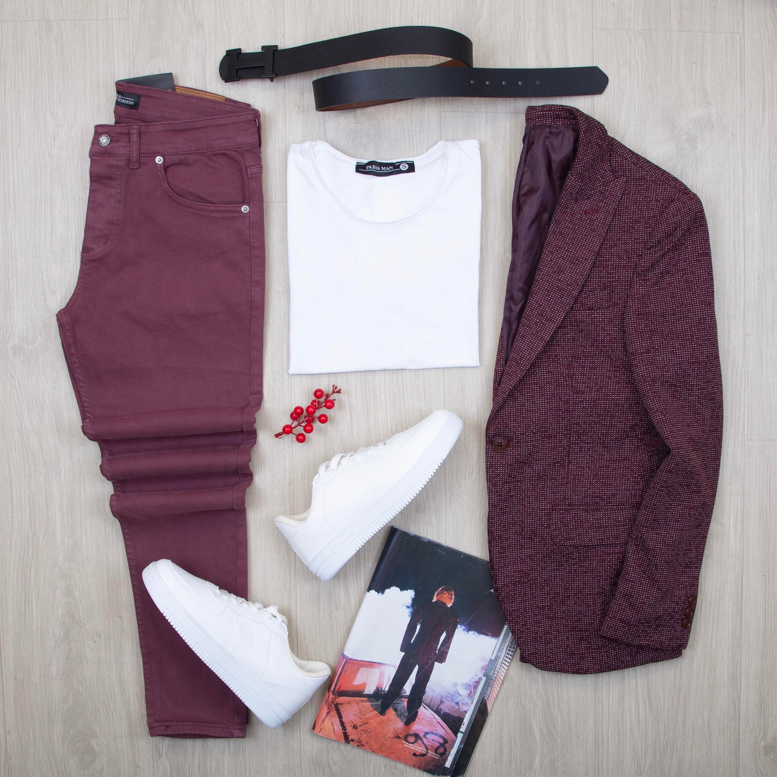 Bordo Kırçıllı Blazer Ceket Tişört Pantolon Ayakkabı Kombin