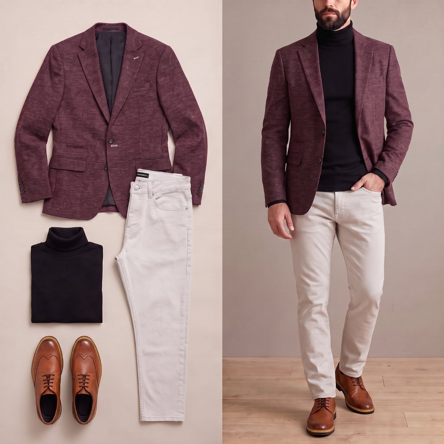 Bordo Kırçıllı Blazer Siyah Boğazlı Body Taş Kot Pantolon Taba Çiftyüz Ayakkabı Kombini