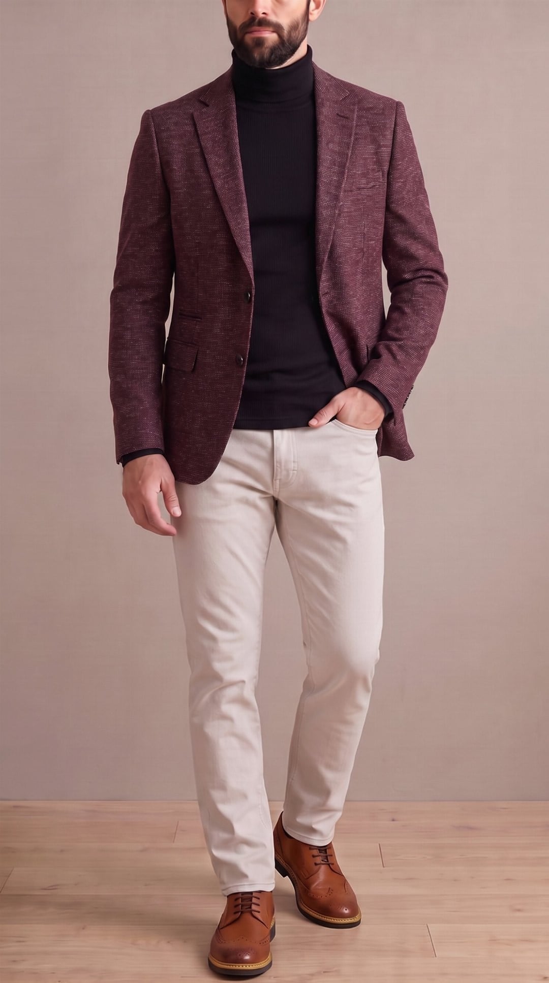 Bordo Kırçıllı Blazer Siyah Boğazlı Body Taş Kot Pantolon Taba Çiftyüz Ayakkabı Kombini