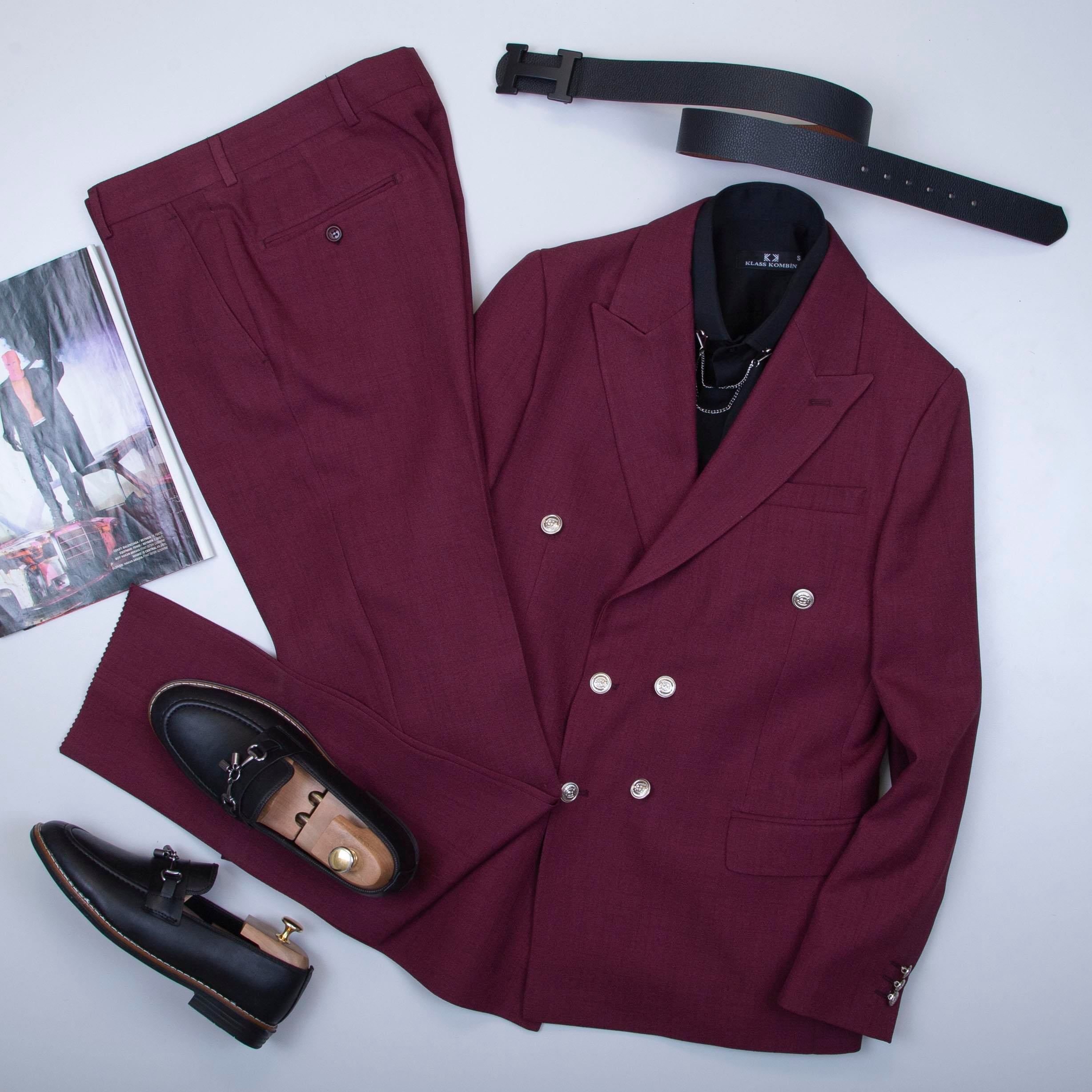 Bordo Kruvaze Takım Elbise Kombini