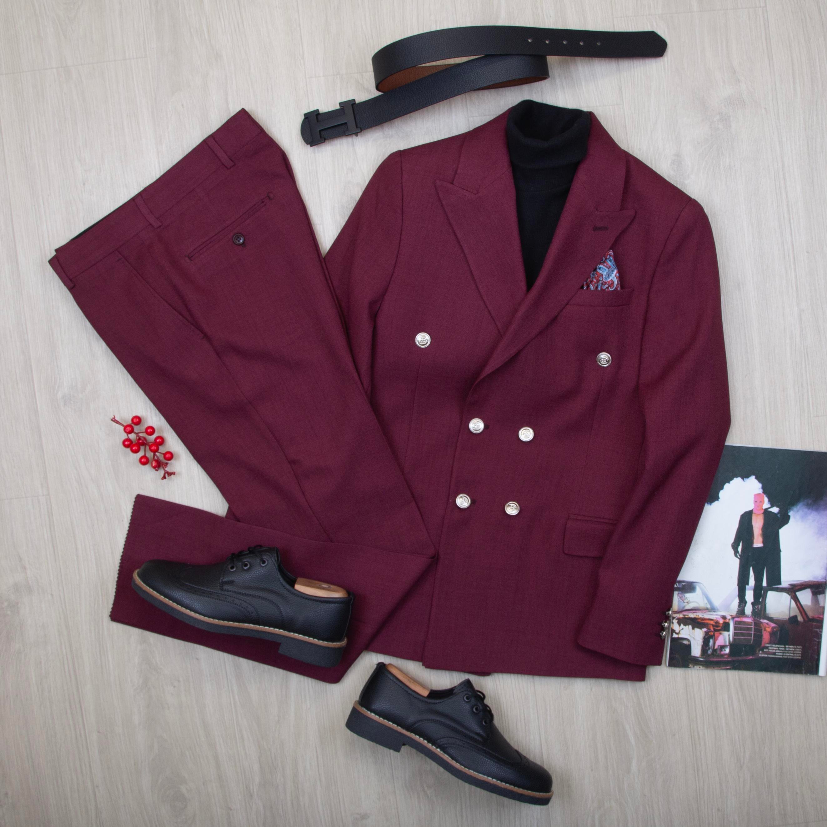 Bordo Kruvaze Takım Elbise Kombini