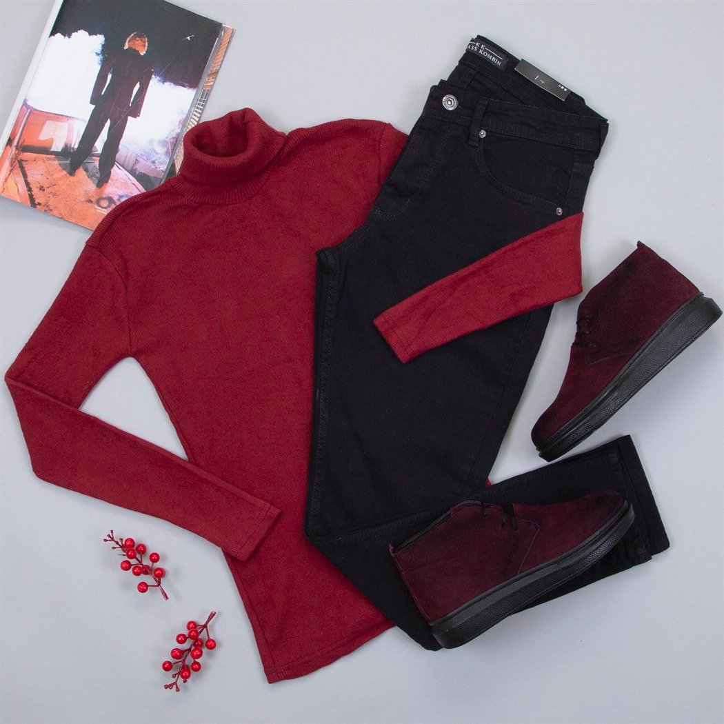 Bordo Mavi Boğazlı Kazak Pantolon Bot Kombin