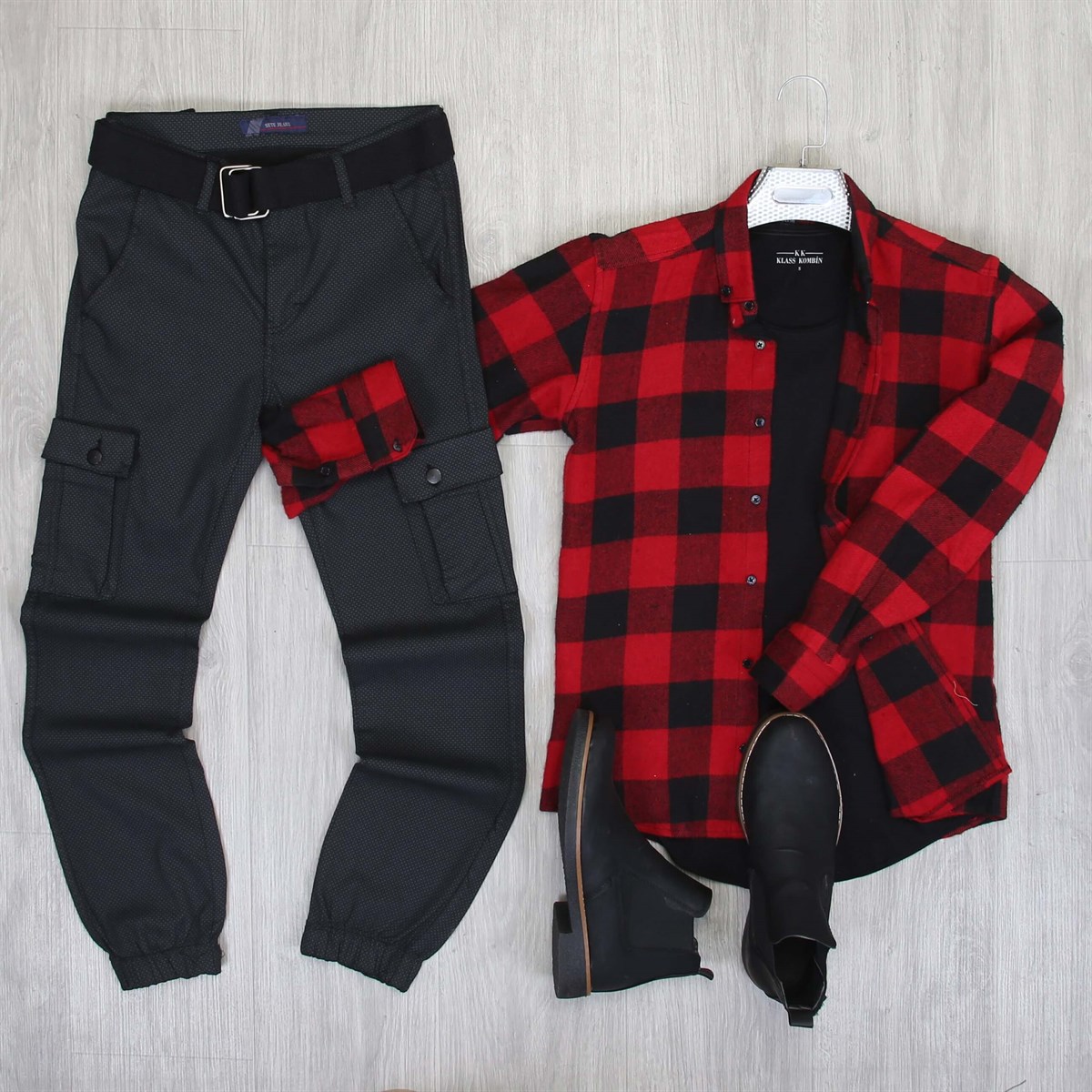 Bordo Oduncu Gömlek Kargo Pantolon T-Shirt Bot Kombini