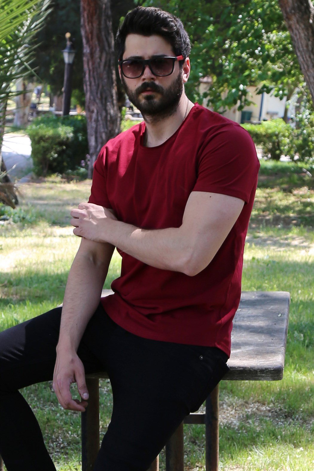 Bordo Oval Kesim Basic Tişört