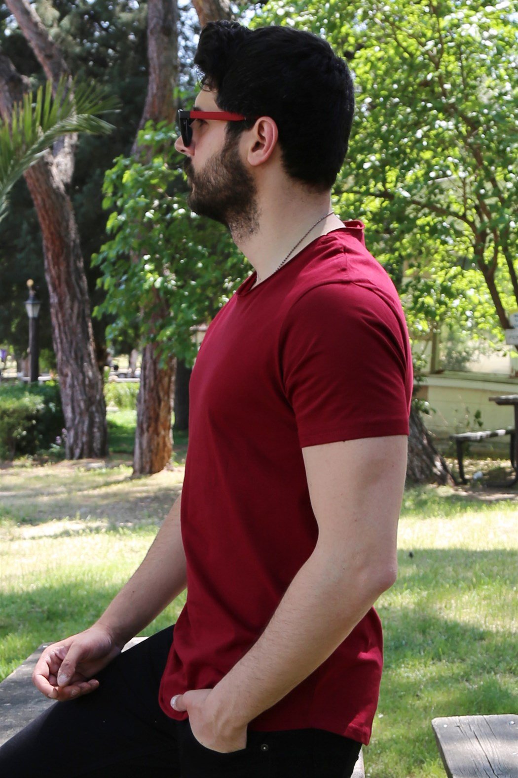 Bordo Oval Kesim Basic Tişört