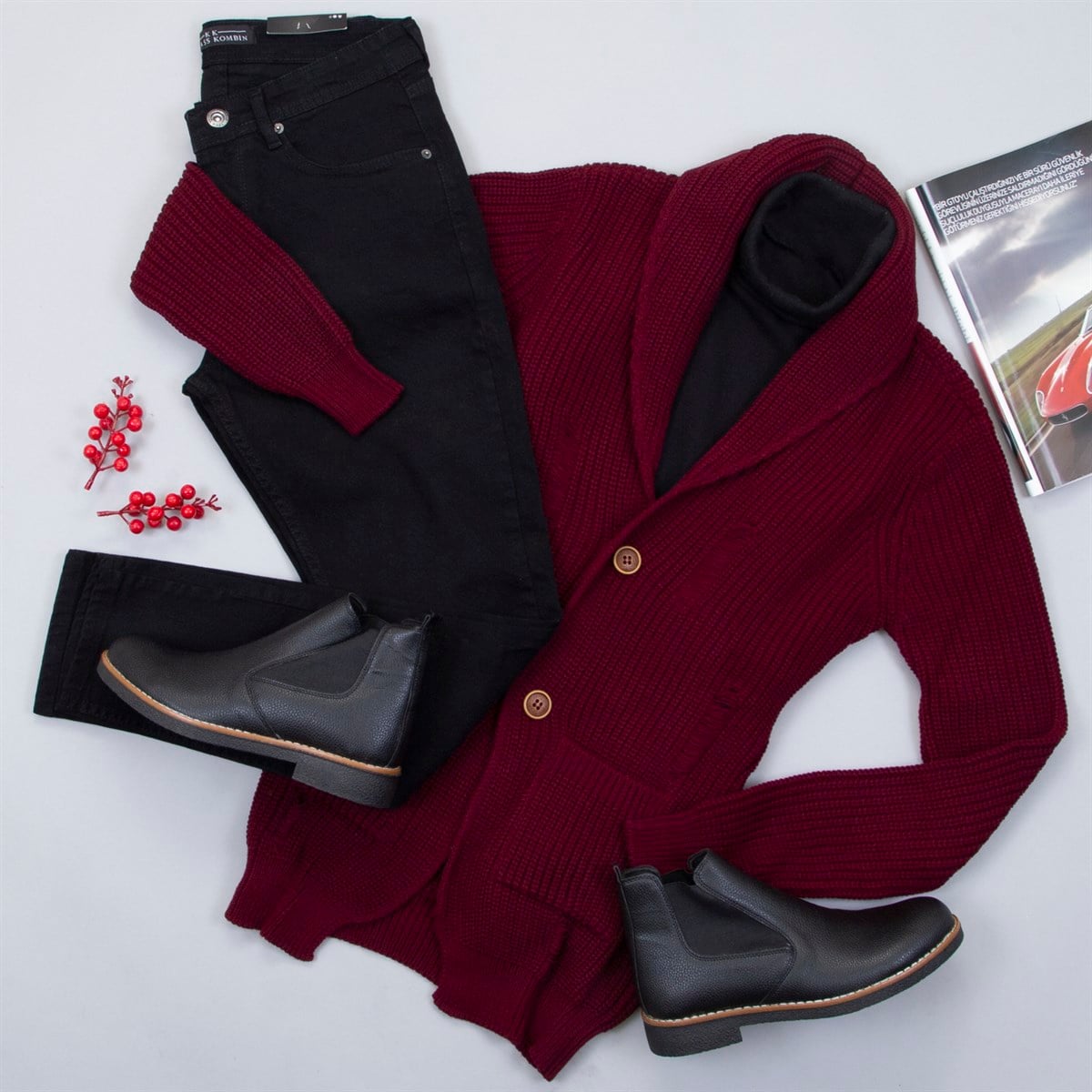 Bordo Özel Yırtıklı Hırka Boğazlı Kazak Pantolon Bot Kombin