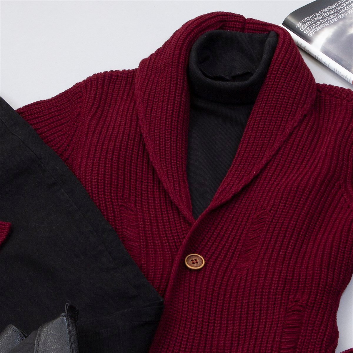 Bordo Özel Yırtıklı Hırka Boğazlı Kazak Pantolon Bot Kombin