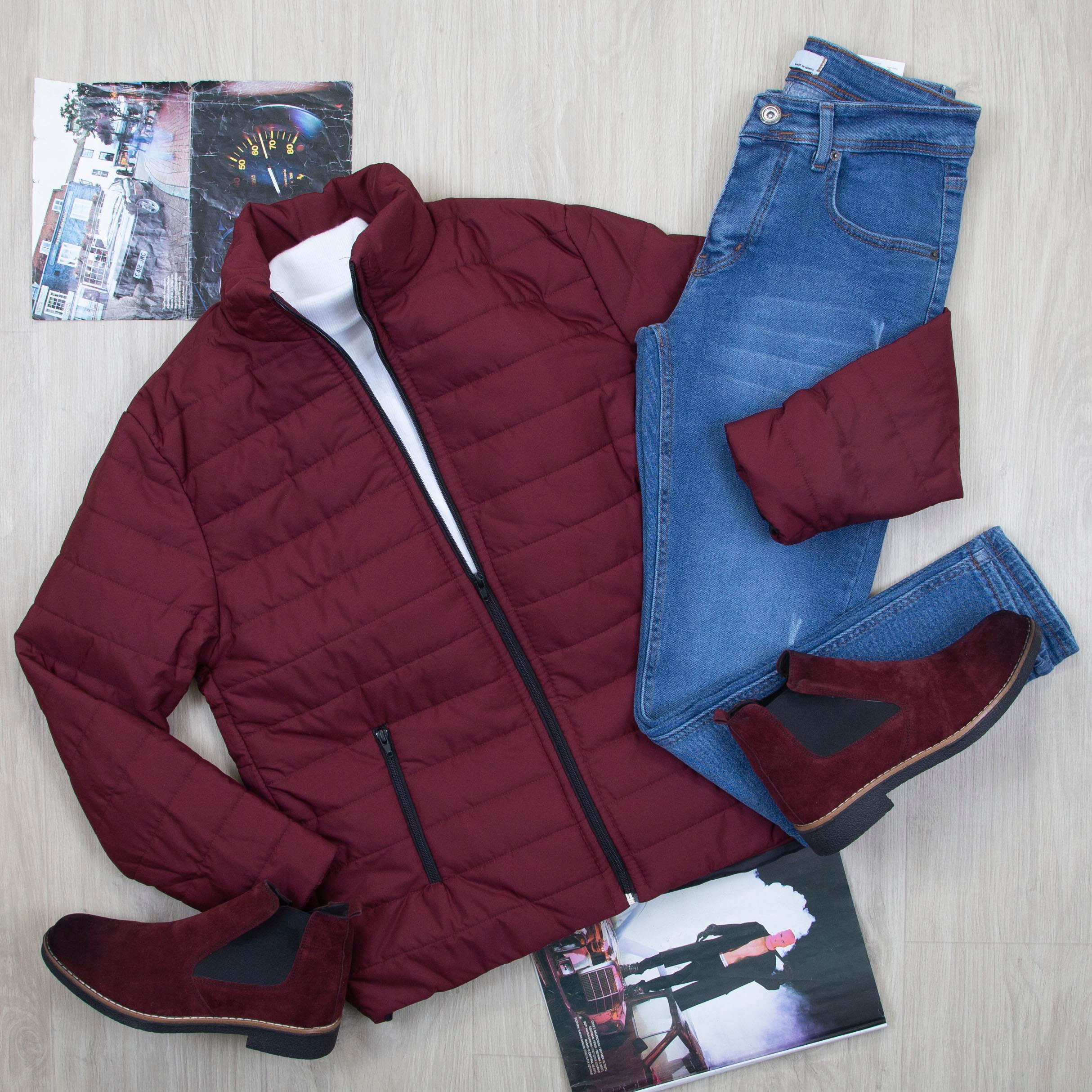 Bordo Şişme Mont Boğazlı Body Pantolon Bot Kombin