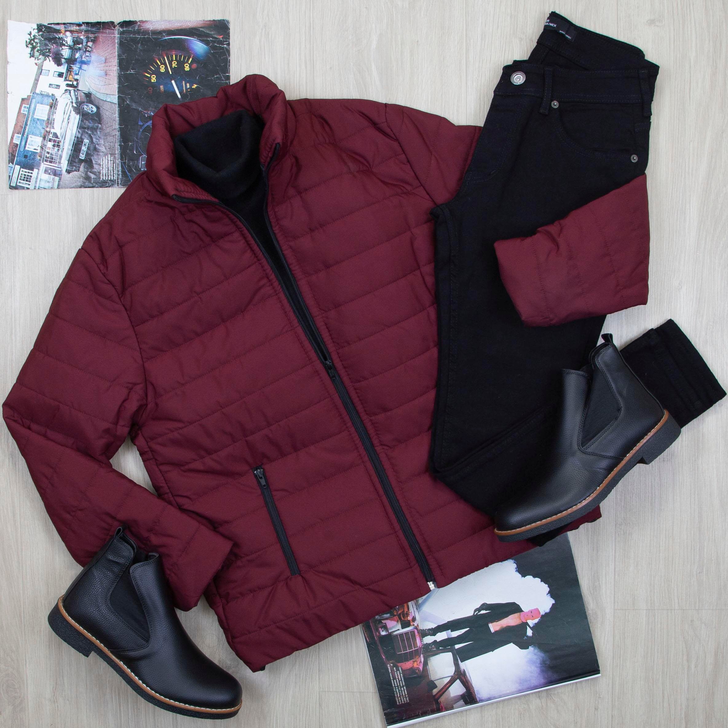 Bordo Şişme Mont Boğazlı Body Pantolon Bot Kombin