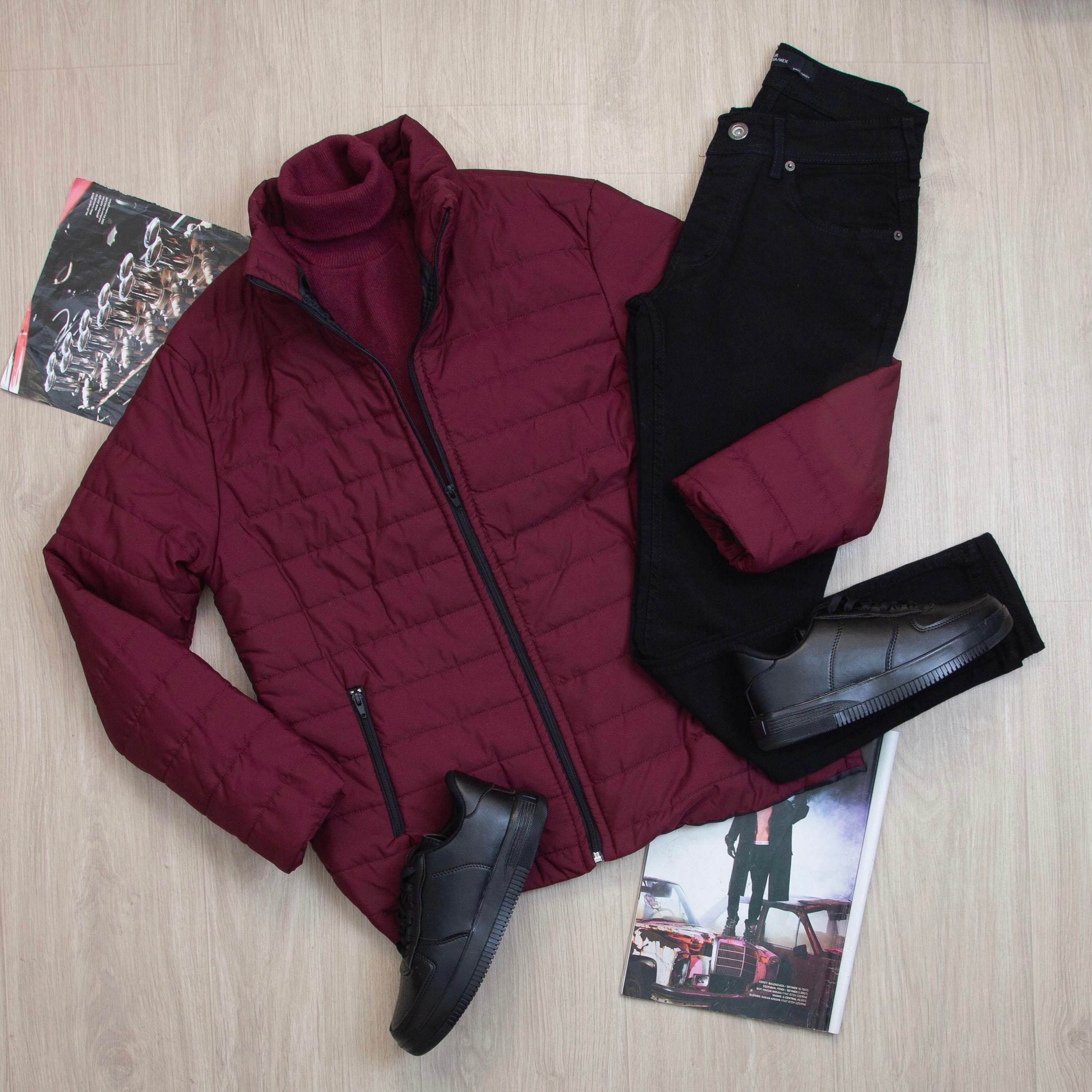 Bordo Şişme Mont Boğazlı Body Pantolon Ayakkabı Kombin