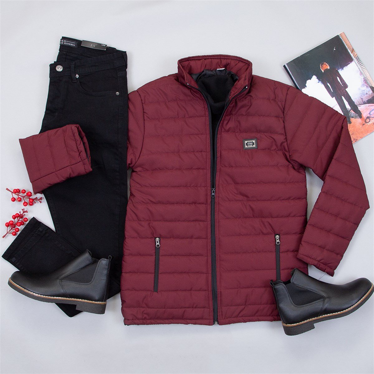 Bordo Şişme Mont Boğazlı Kazak Pantolon Bot Kombin