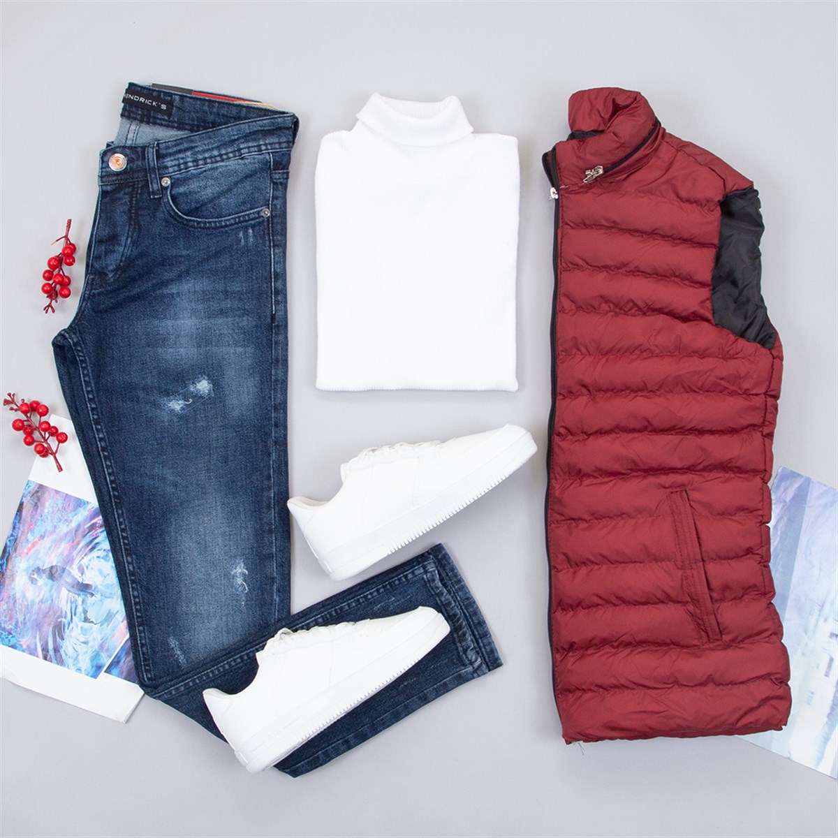 Bordo Şişme Yelek Boğazlı Kazak Pantolon Ayakkabı Kombin