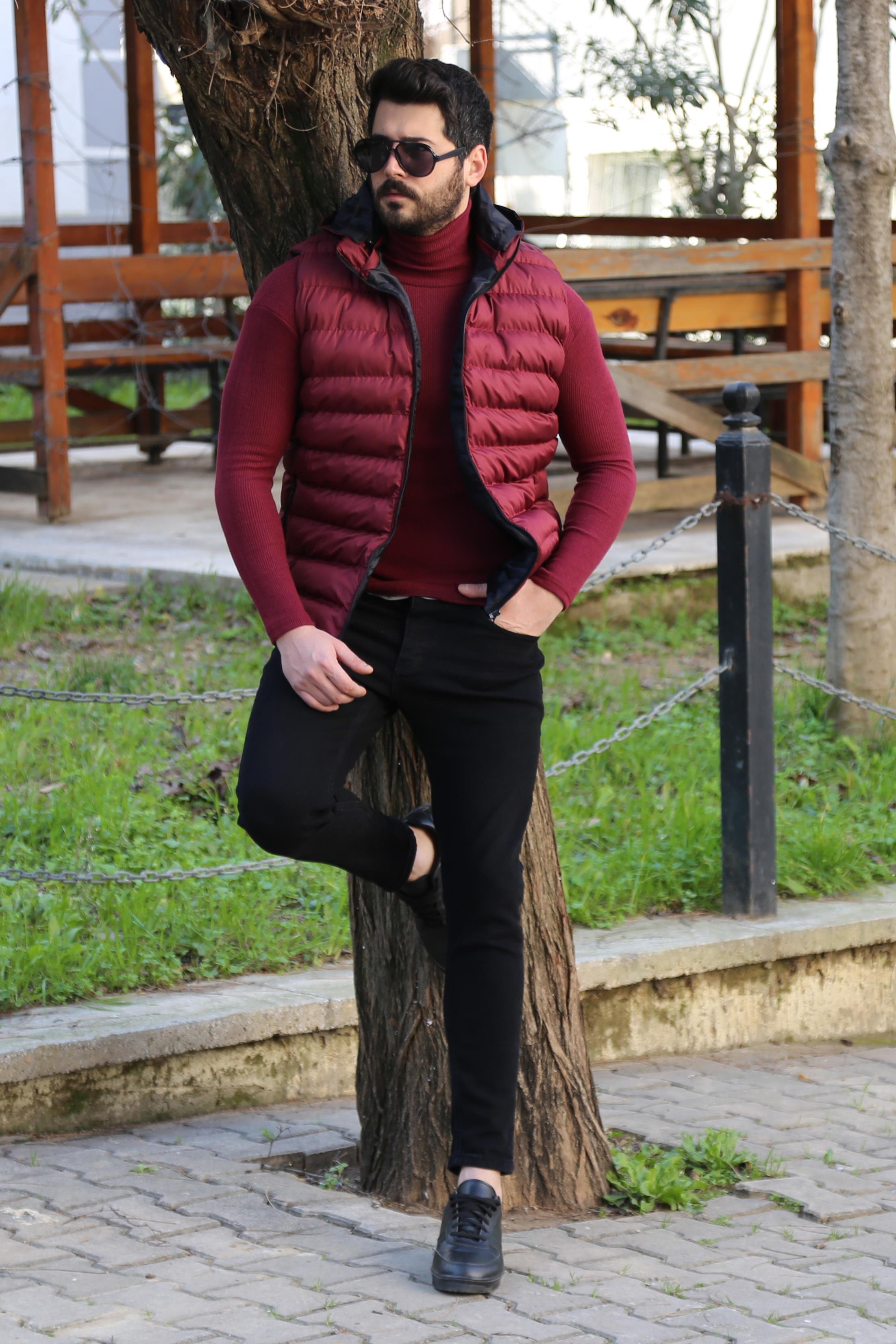 Bordo Şişme Yelek Kombini