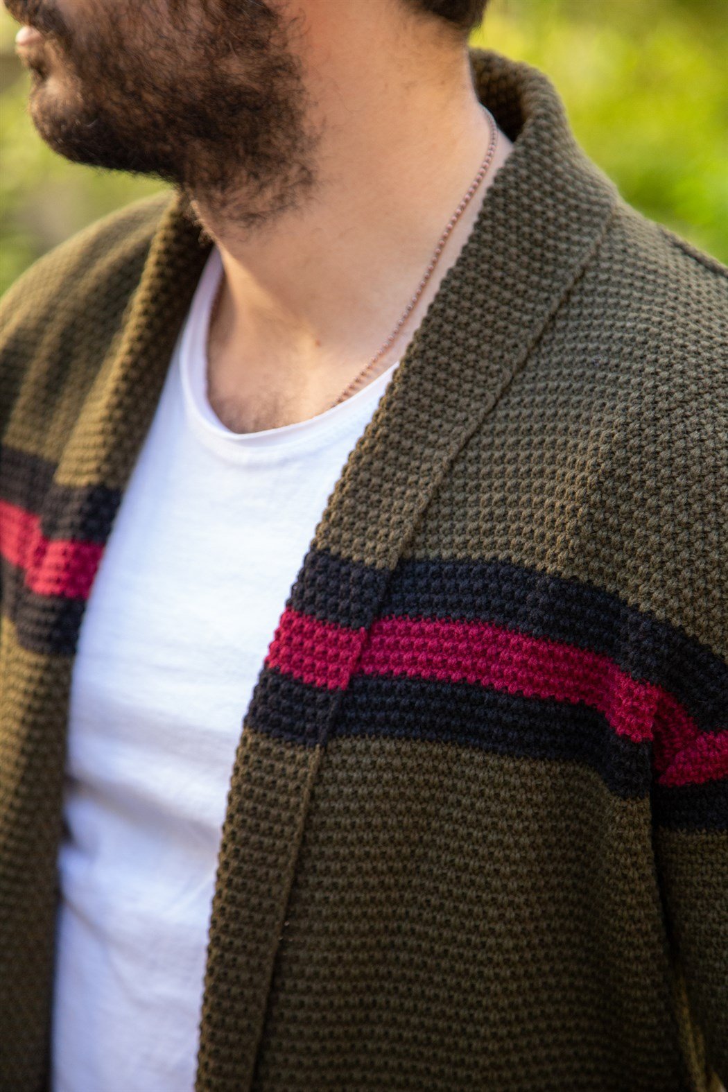 Bordo siyah çizgili ince haki örme hırka