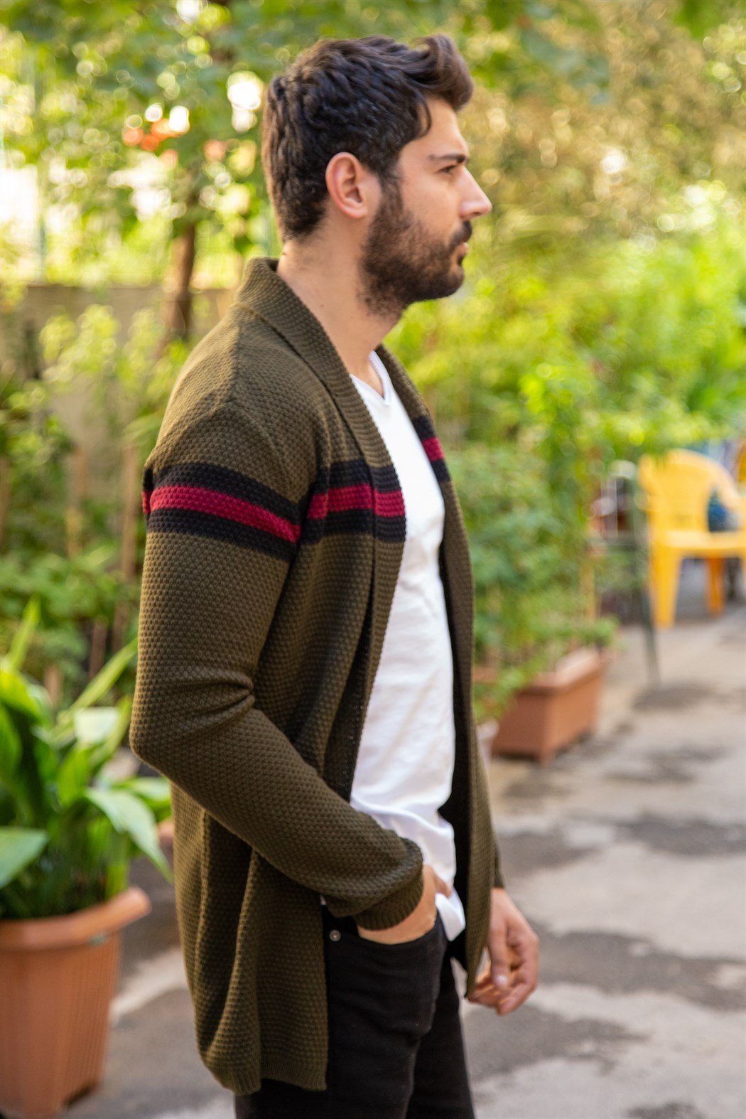 Bordo siyah çizgili ince haki örme hırka