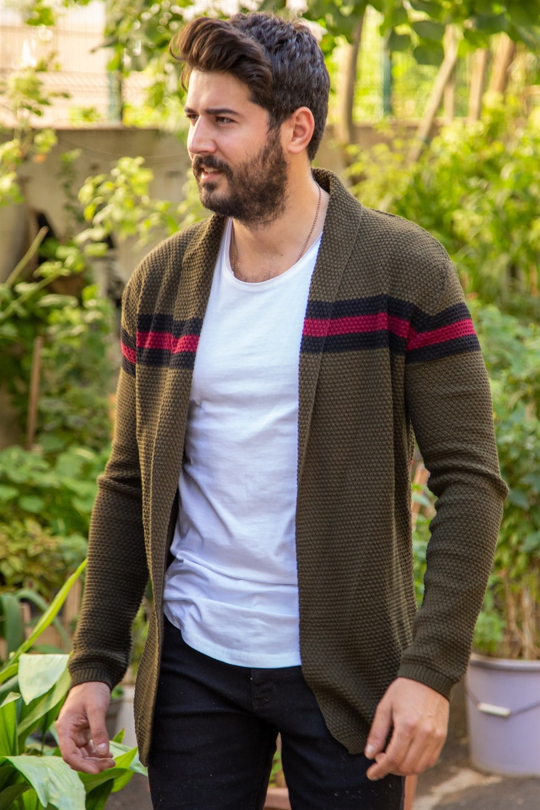 Bordo siyah çizgili ince haki örme hırka