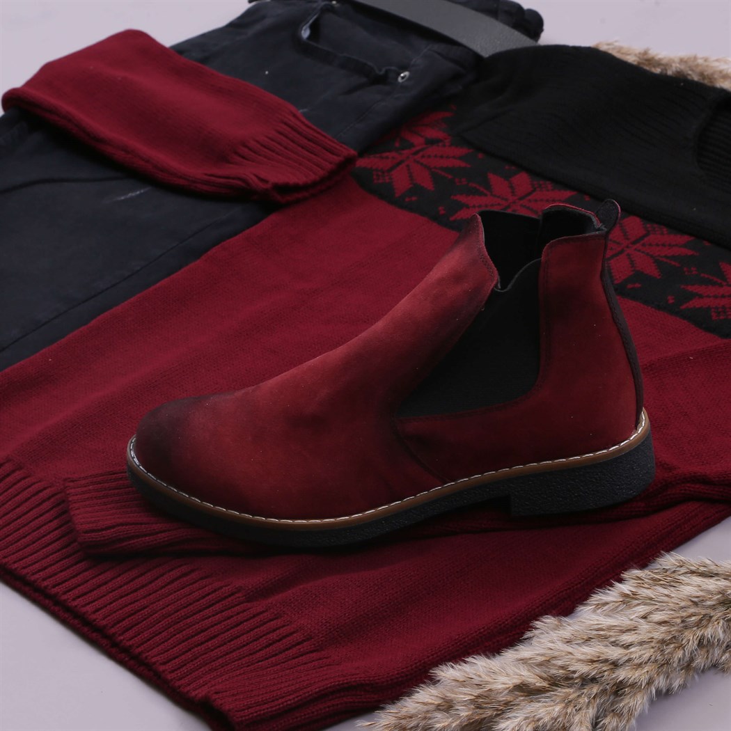 Bordo Siyah Kazak Pantolon Bot Kombin