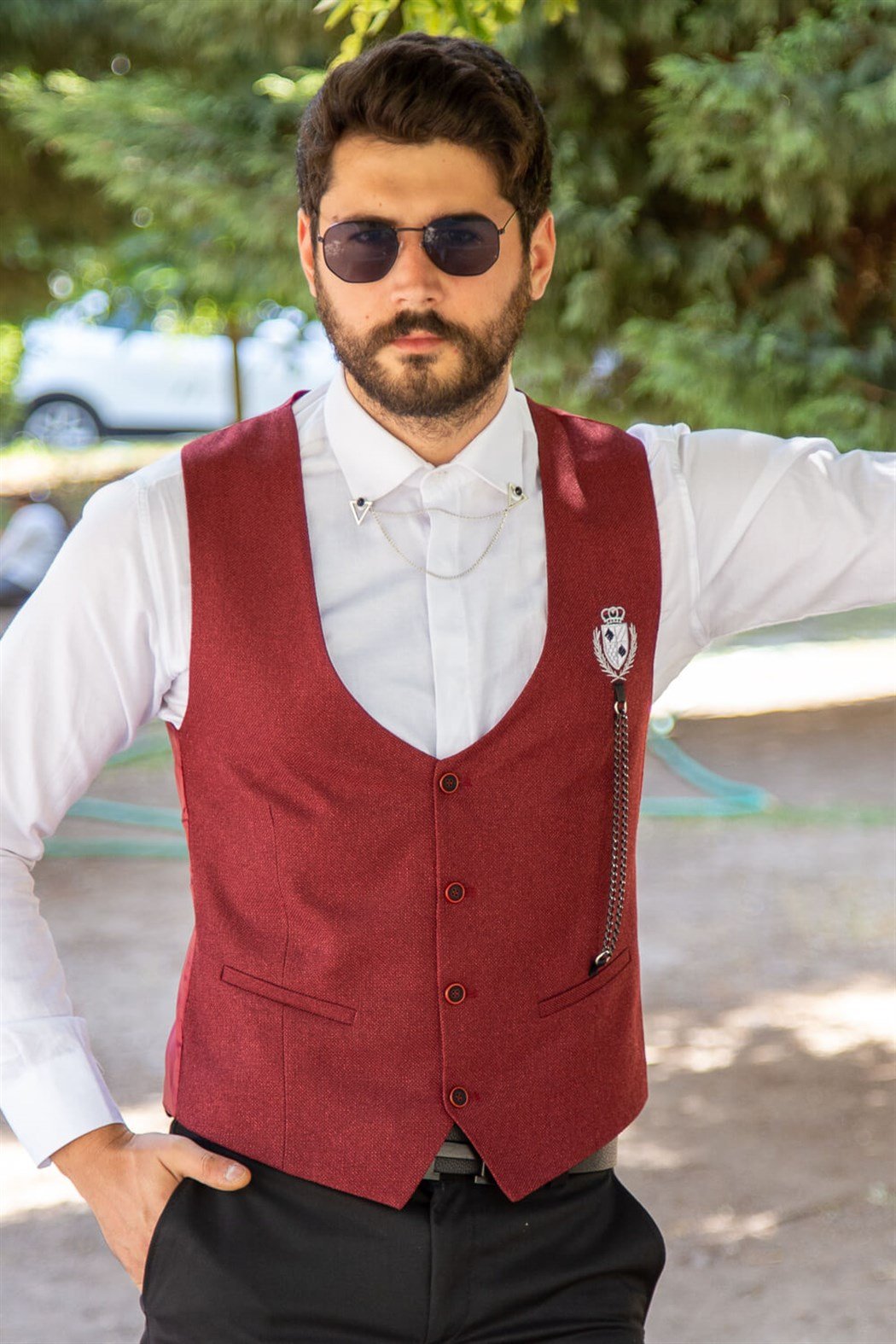 Bordo standart yaka zincirli model klasik yelek