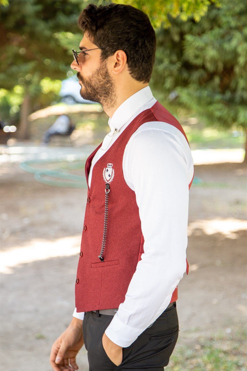 Bordo standart yaka zincirli model klasik yelek