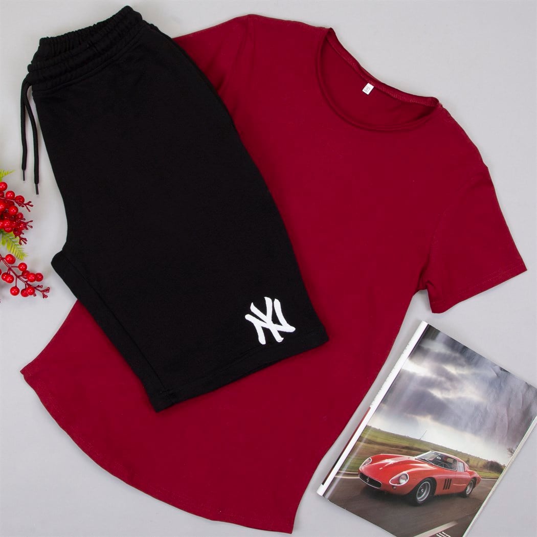 Bordo Tişört Siyah Penye Şort Kombin