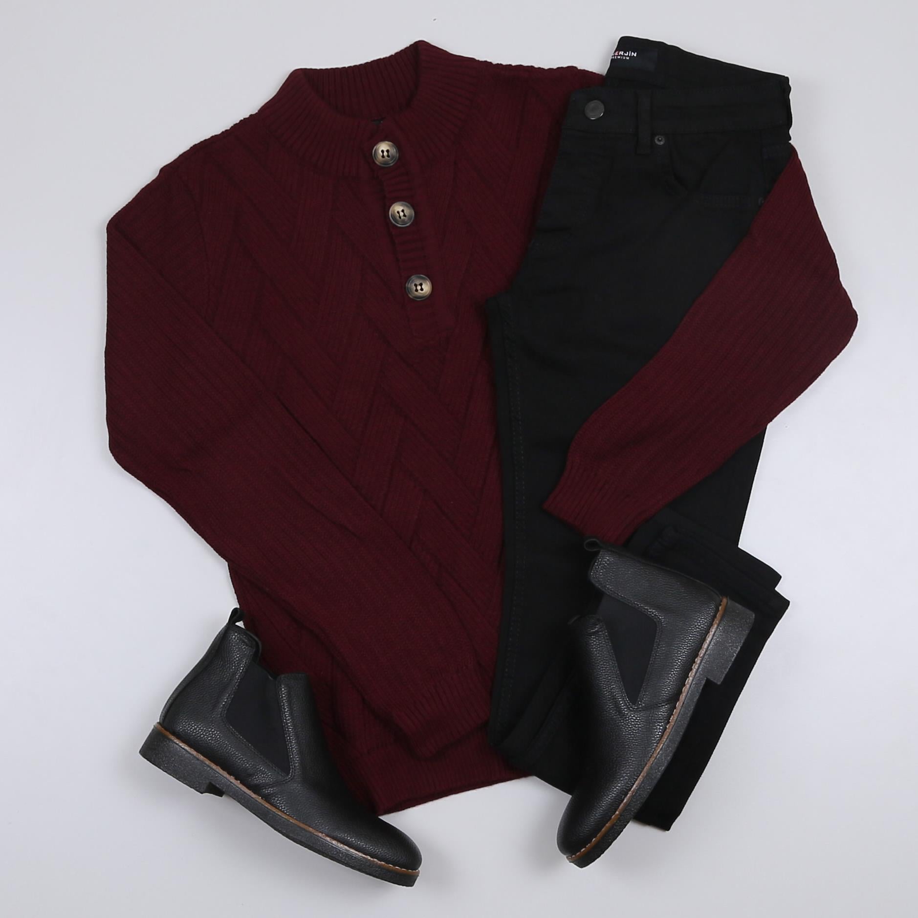 Bordo Triko Kazak Kot Pantolon Bot Kombini