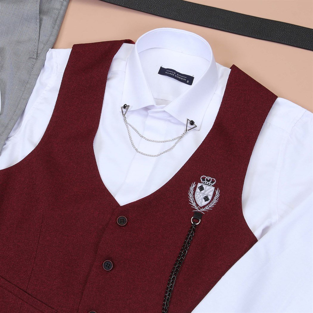 Bordo Yelek Beyaz Gömlek Kumaş Pantolon Klasik Ayakkabı Koımbini 