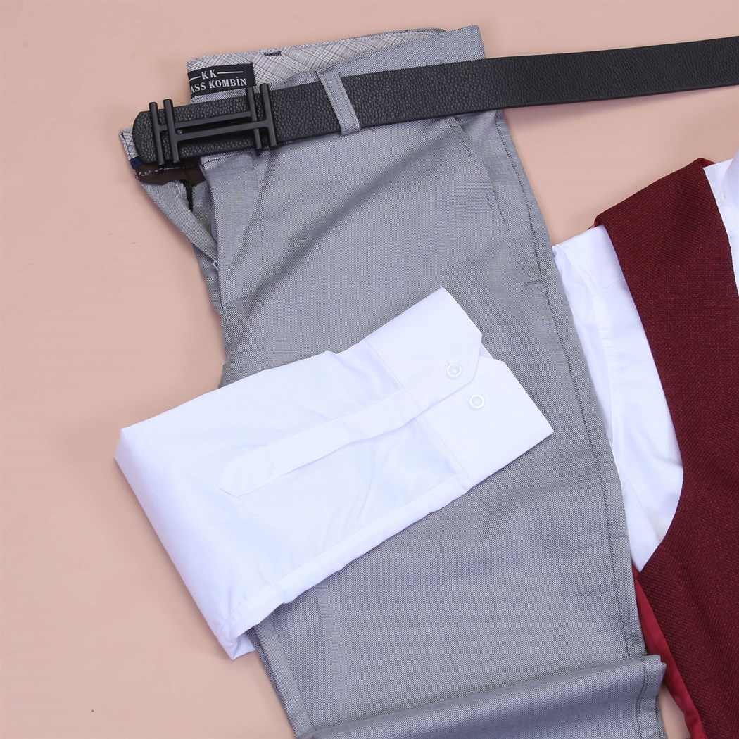 Bordo Yelek Beyaz Gömlek Kumaş Pantolon Klasik Ayakkabı Koımbini 