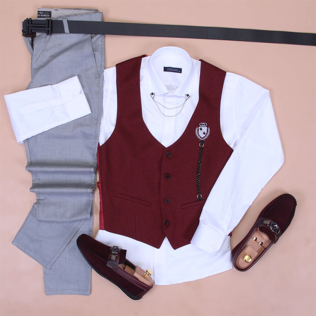 Bordo Yelek Beyaz Gömlek Kumaş Pantolon Klasik Ayakkabı Koımbini 