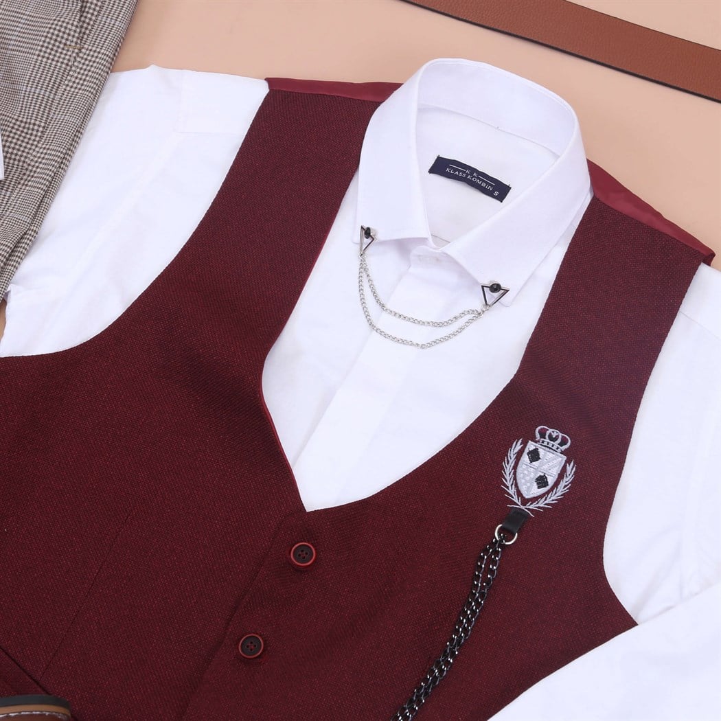 Bordo Yelek Siyah Gömlek Kumaş Pantolon Klasik Ayakkabı Koımbini 