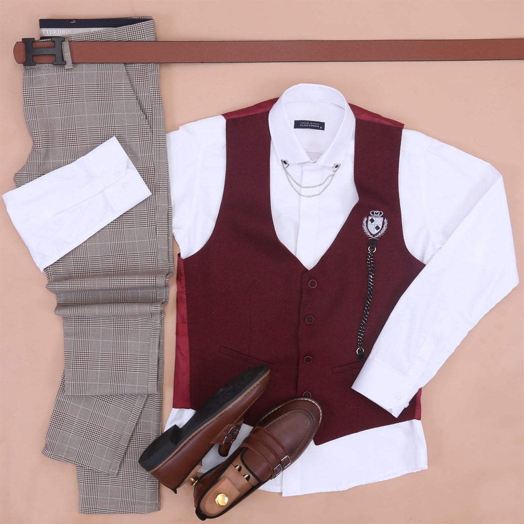 Bordo Yelek Siyah Gömlek Kumaş Pantolon Klasik Ayakkabı Koımbini 