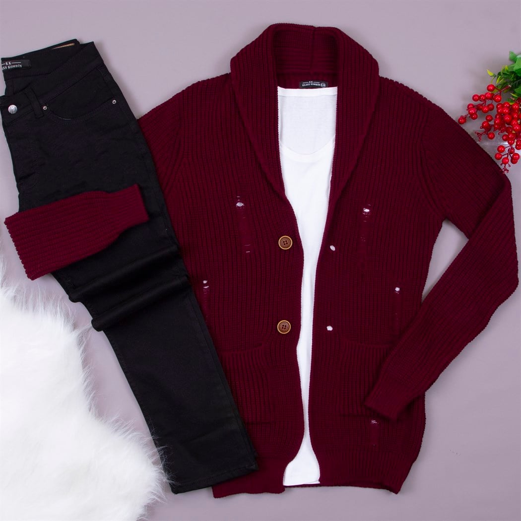Bordo Yırtıklı Hırka Tişört Pantolon Kombin