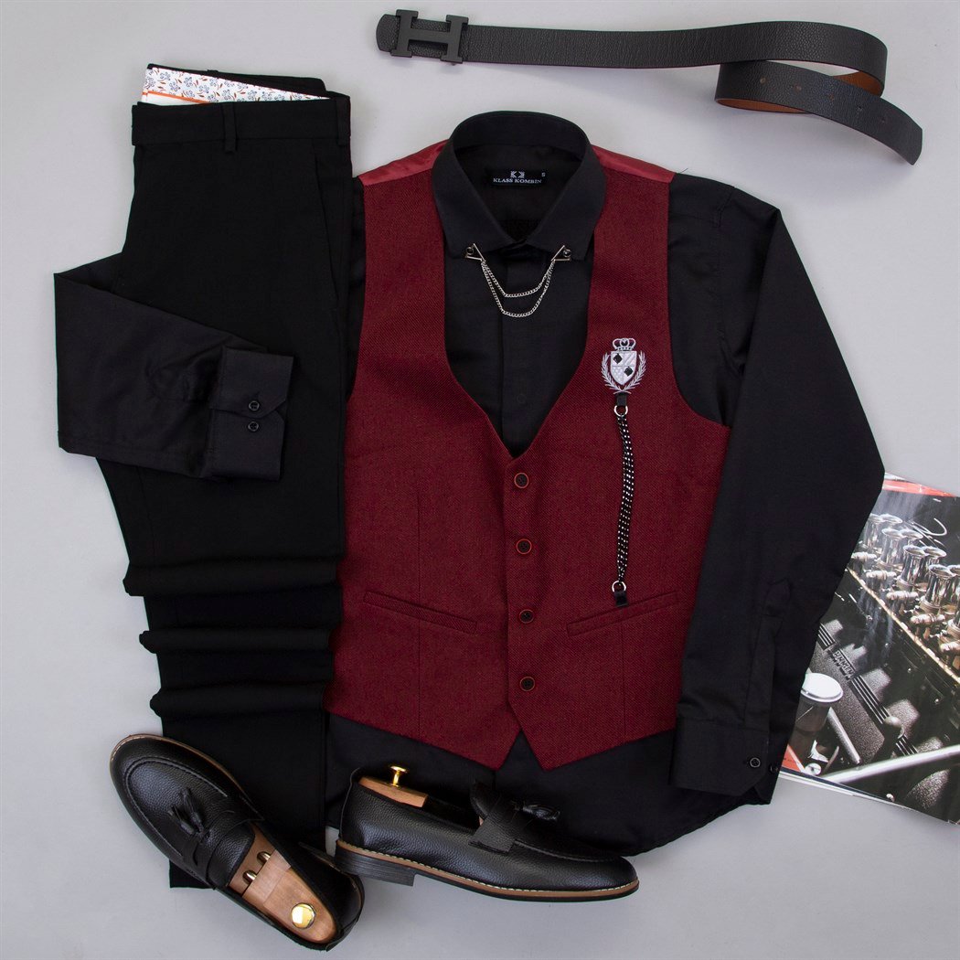 Bordo Zincirli Yelek  Gömlek Pantolon Ayakkabı Kombin