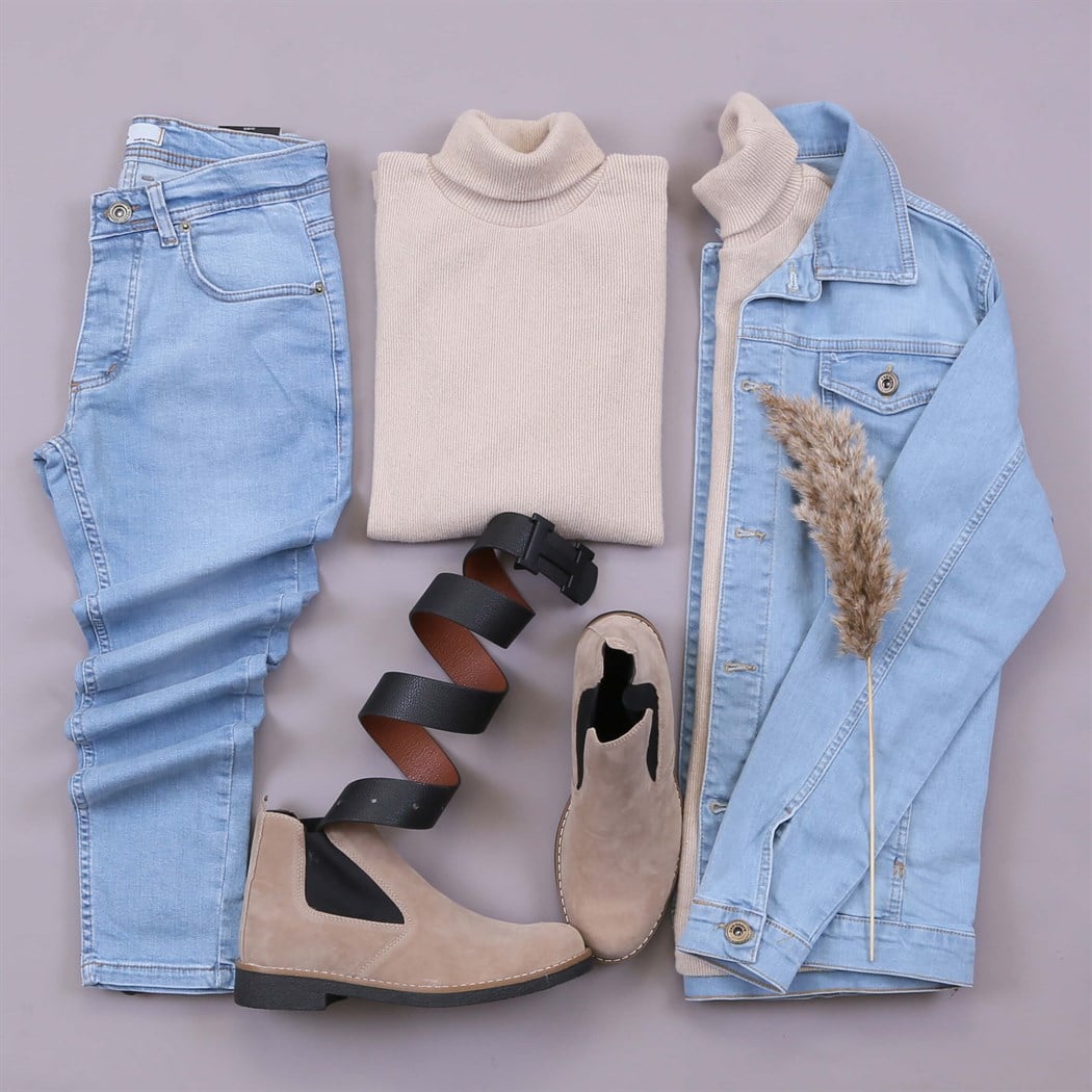 Buz Mavi Jean Takım  Kazak Pantolon Bot Kombin