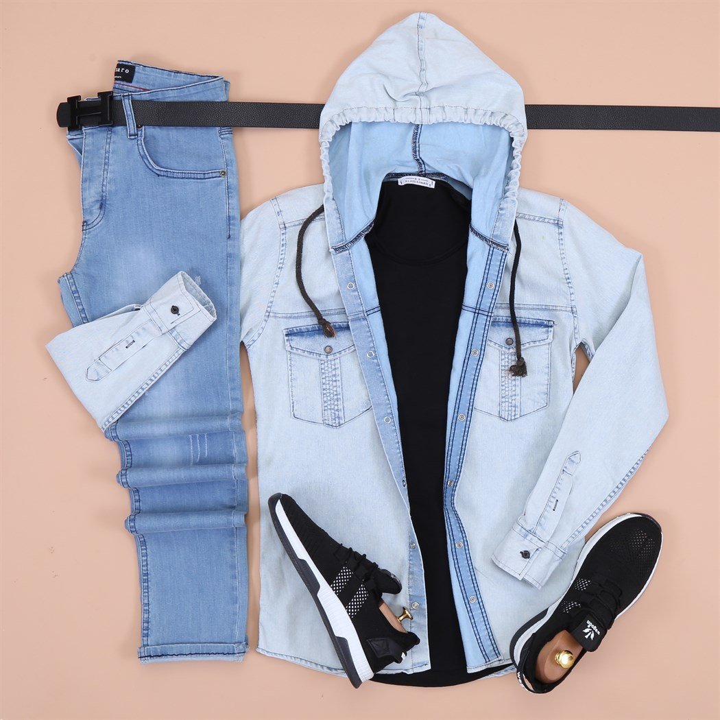 Buz Mavi Kapsonlu Kot Gömlek Pantolon Ayakkabı Kombini