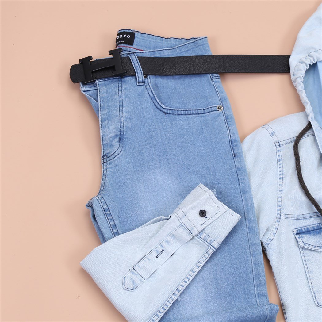 Buz Mavi Kapsonlu Kot Gömlek Pantolon Ayakkabı Kombini