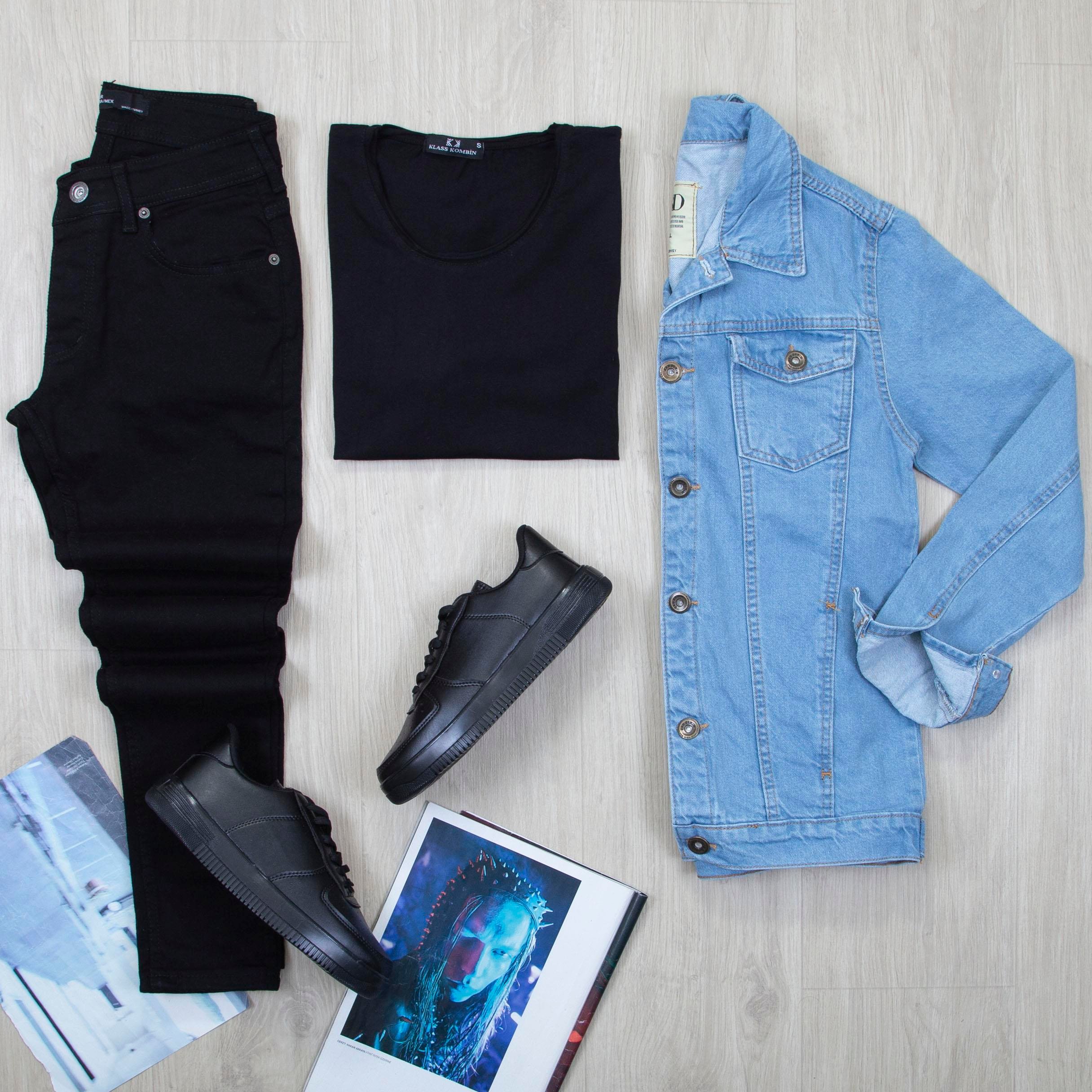 Buz Mavi Kot Ceket Tişört Pantolon Ayakkabı Kombin