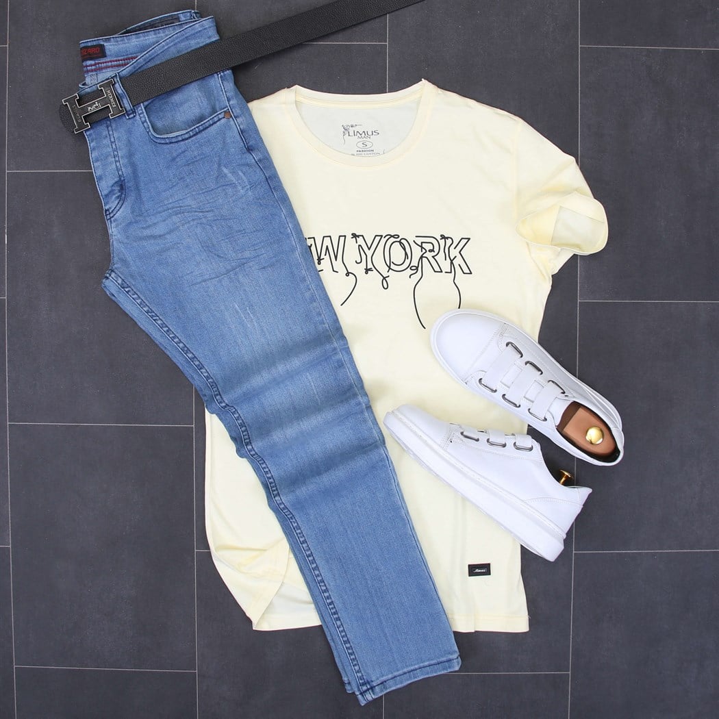 Buz Mavi Kot Pantolon Tshirt Ayakkabı Kombini