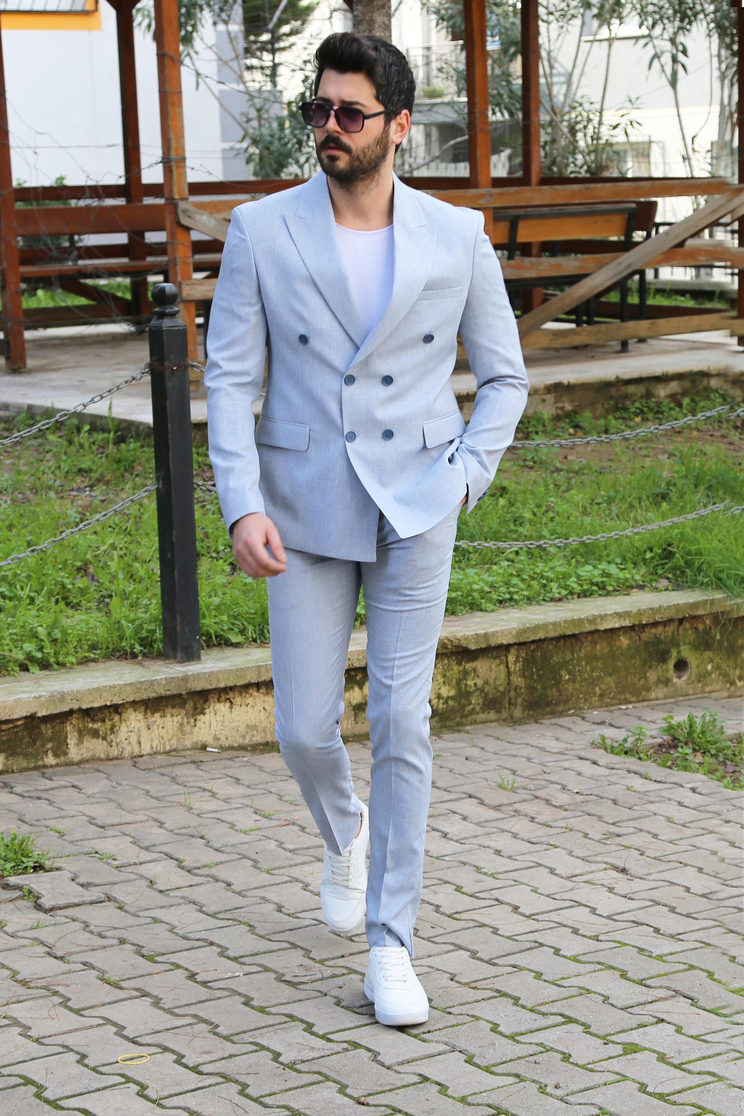 Buz Mavi Kruvaze Takım Elbise Kombini