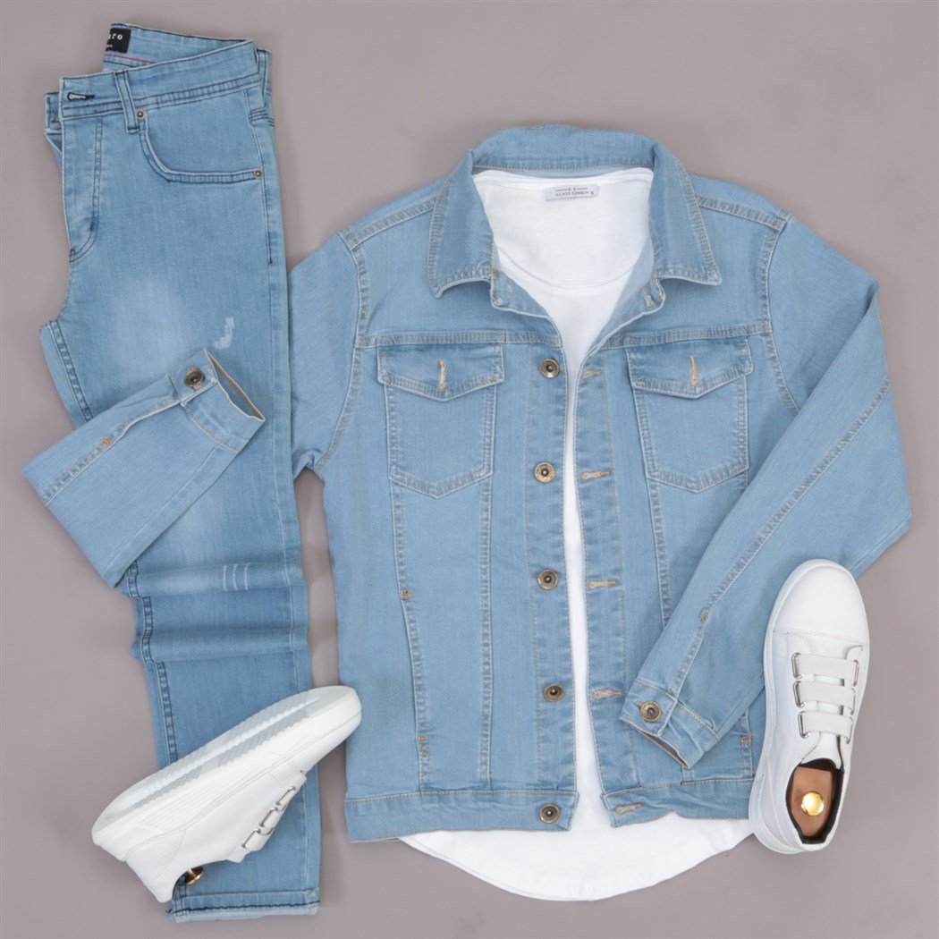 Buz Mavisi Kot Ceket Ayakkabı Pantolon Kombini