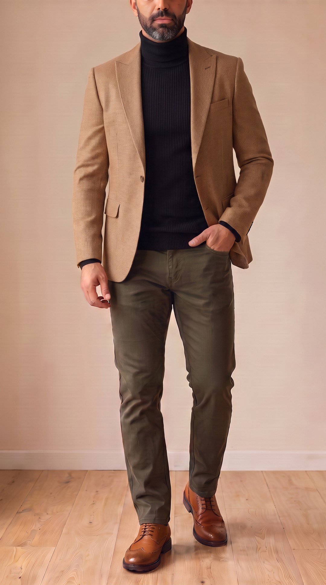 Camel Kırçıllı Blazer Siyah Boğazlı Body Haki Kot Pantolon Taba Çiftyüz Ayakkabı Kombini