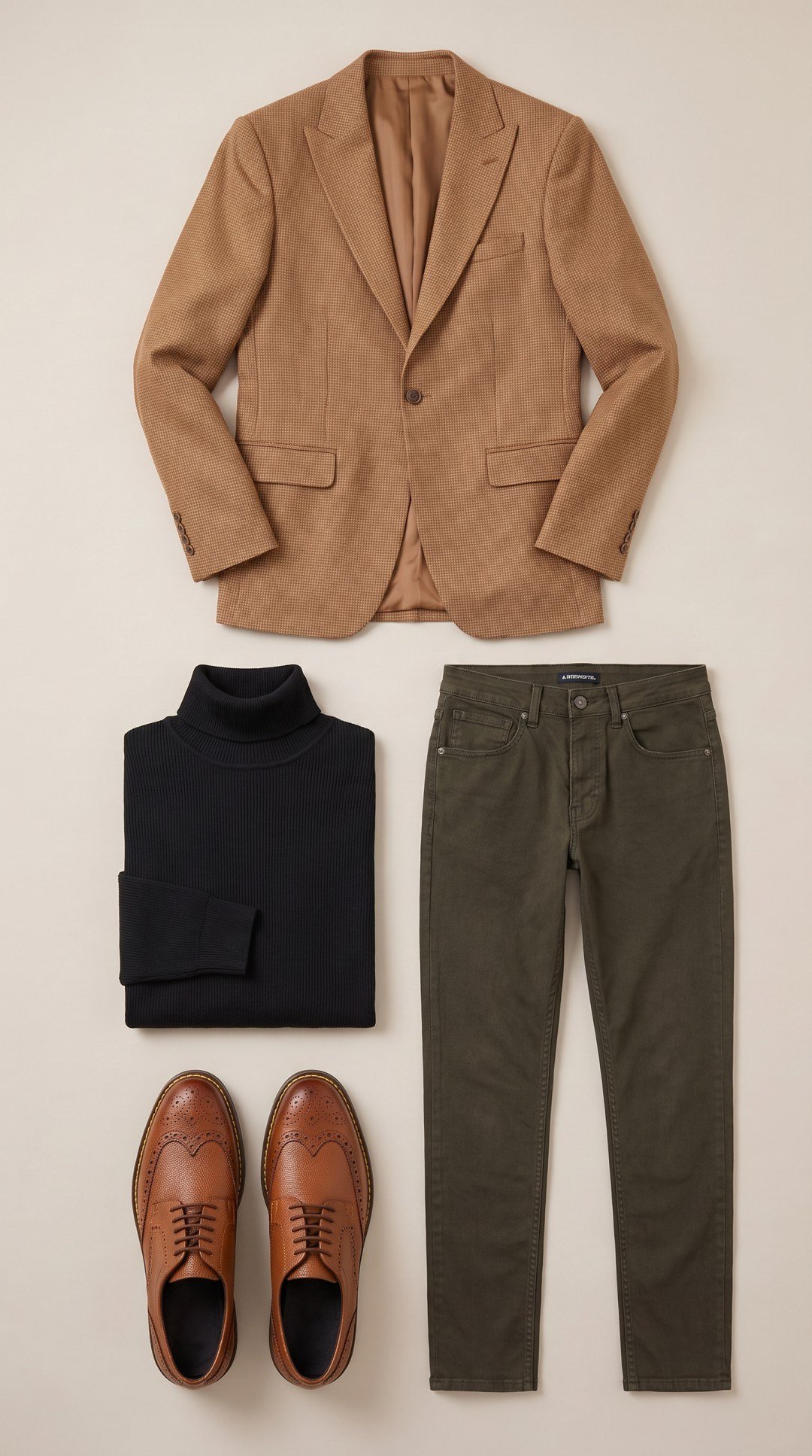 Camel Kırçıllı Blazer Siyah Boğazlı Body Haki Kot Pantolon Taba Çiftyüz Ayakkabı Kombini