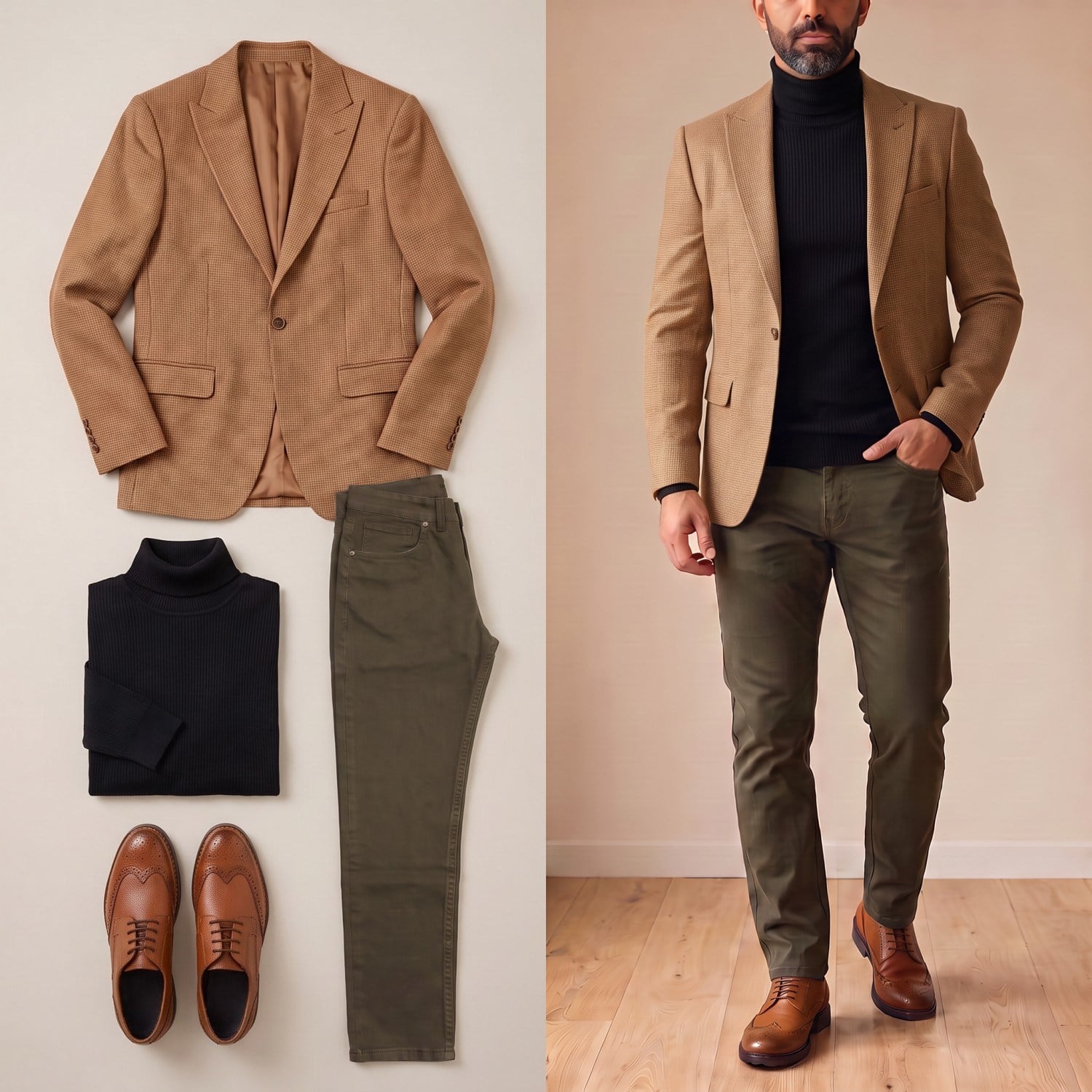 Camel Kırçıllı Blazer Siyah Boğazlı Body Haki Kot Pantolon Taba Çiftyüz Ayakkabı Kombini
