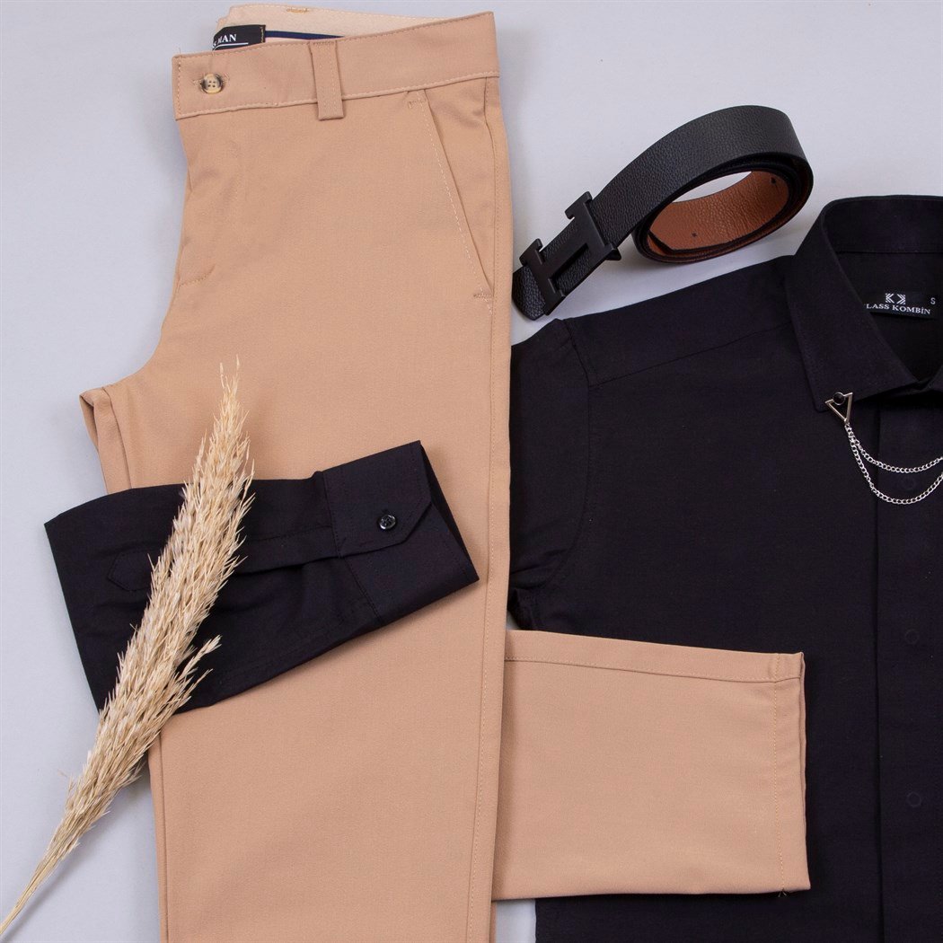 Camel Kumaş Pantolon Gömlek Ayakkabı Kombin