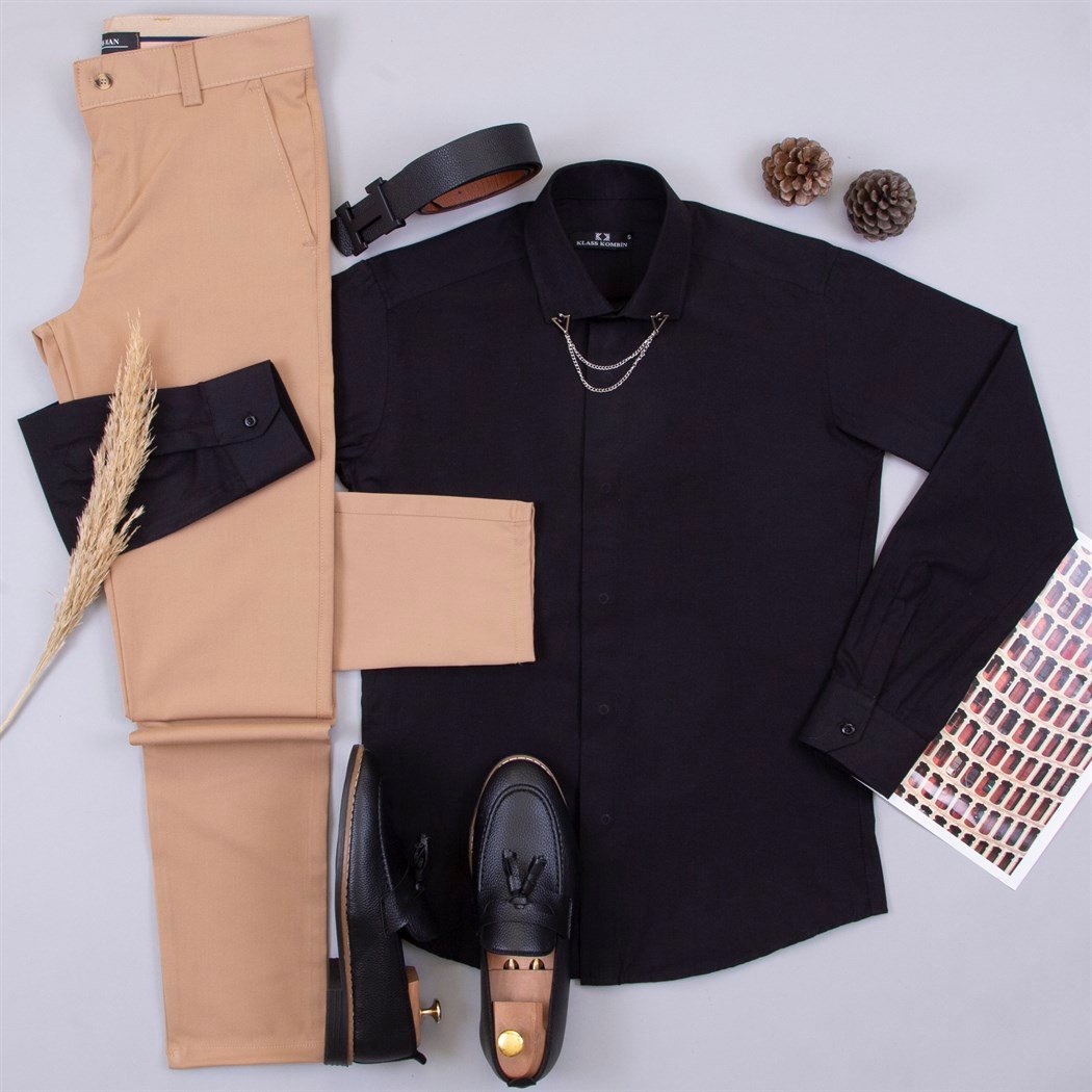 Camel Kumaş Pantolon Gömlek Ayakkabı Kombin