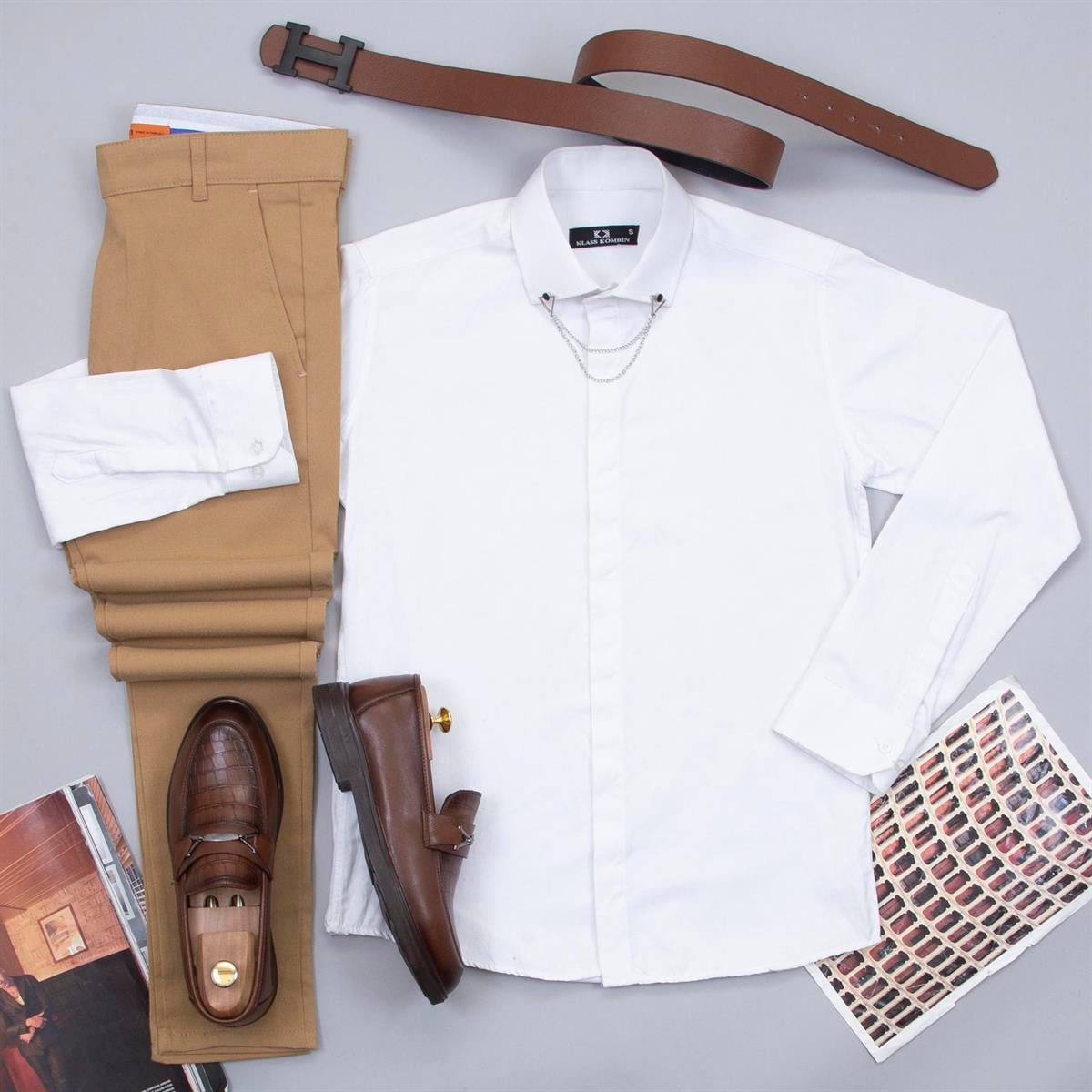 Camel Pantolon Beyaz Gömlek Ayakkabı Kombin